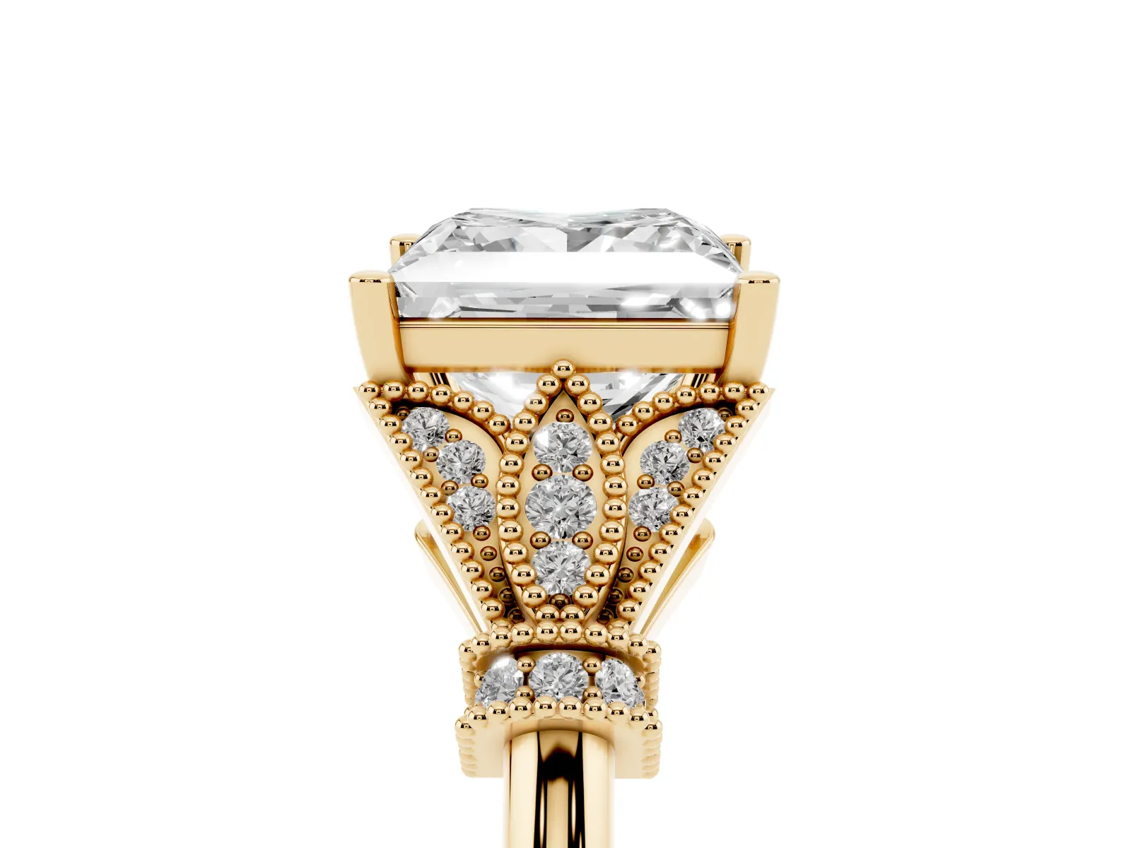 Princess Cut Diamond Solitaire Ring with Floral Filigree and Pave Accents Yellow gold