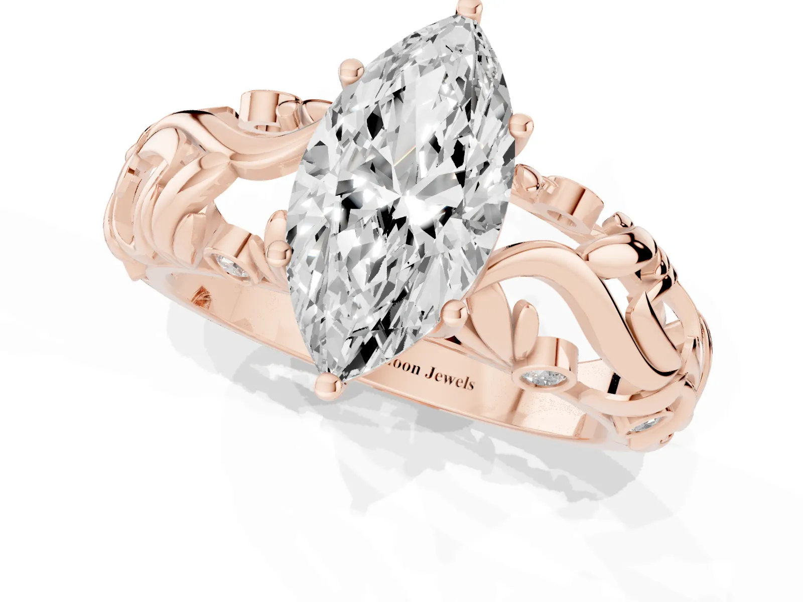 Marquise Cut Solitaire Diamond Leaf-Inspired Vine Band Ring with Prong Setting Rose gold