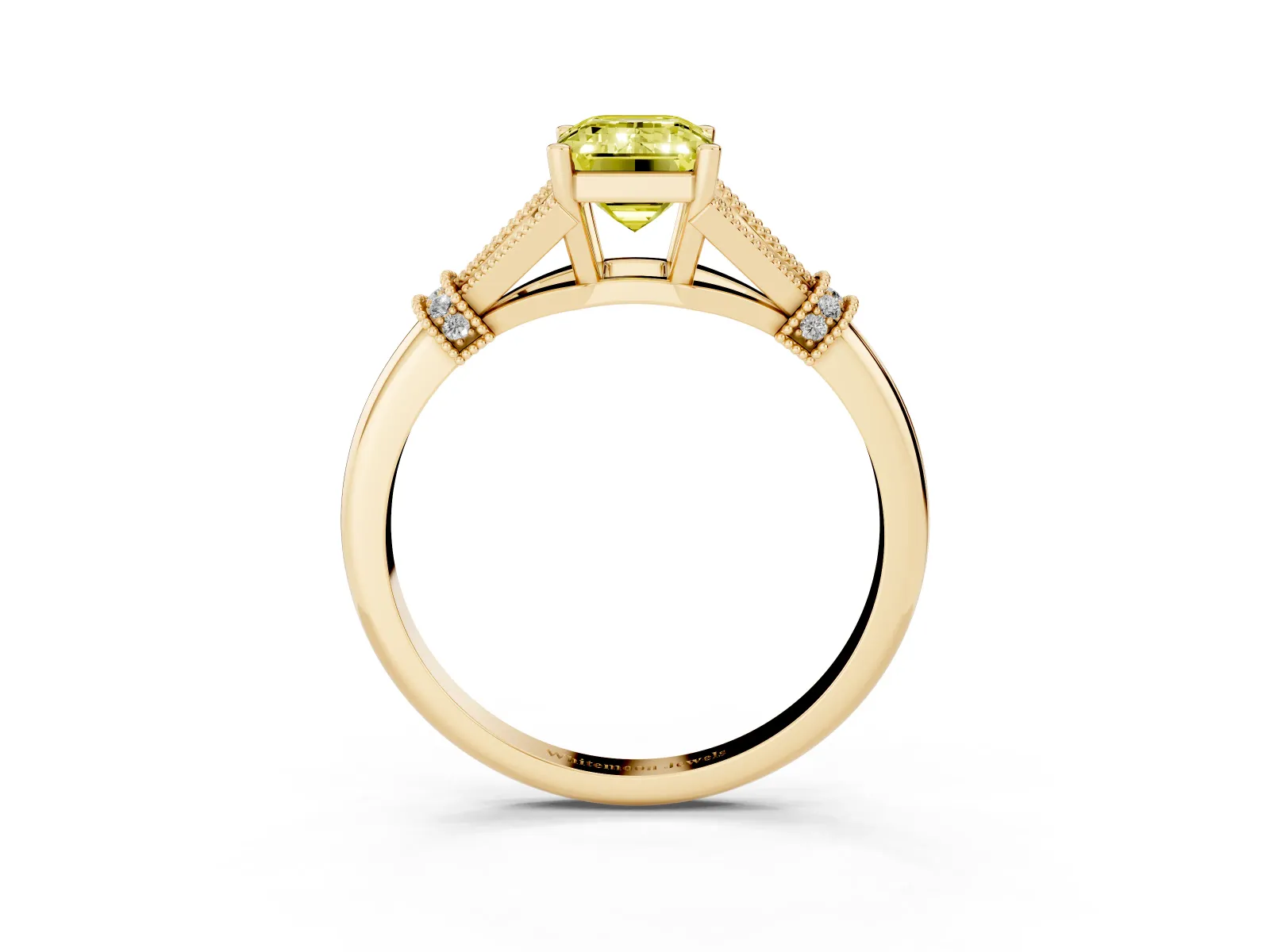 Fancy Yellow Emerald Cut Diamond Solitaire Ring with Floral Filigree and Pave Accents Yellow gold