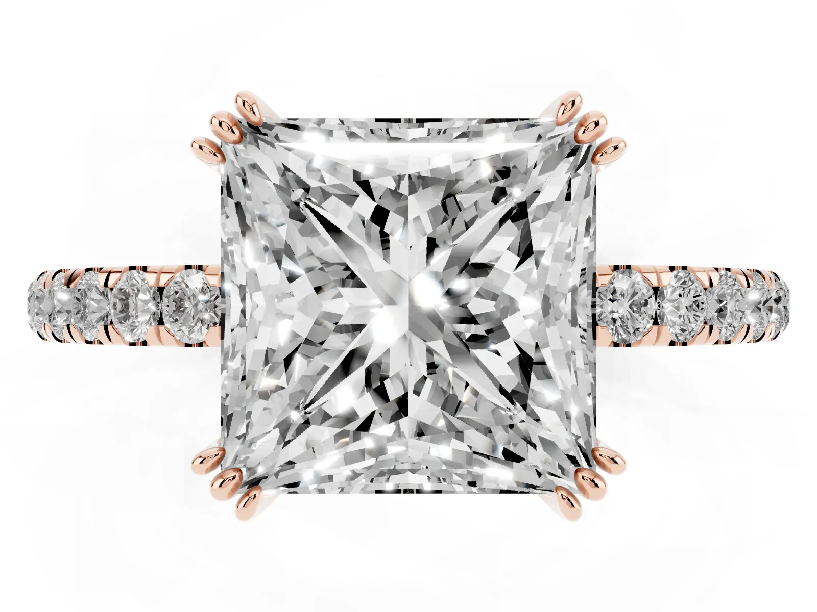Princess Cut Brilliant Solitaire with Pavé Band and Claw Prong Setting Rose gold