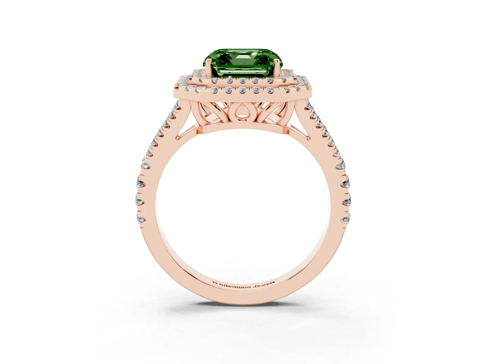 Fancy Green Asscher Cut Diamond Double Halo Ring with Pavé Band and Prong Setting Rose gold
