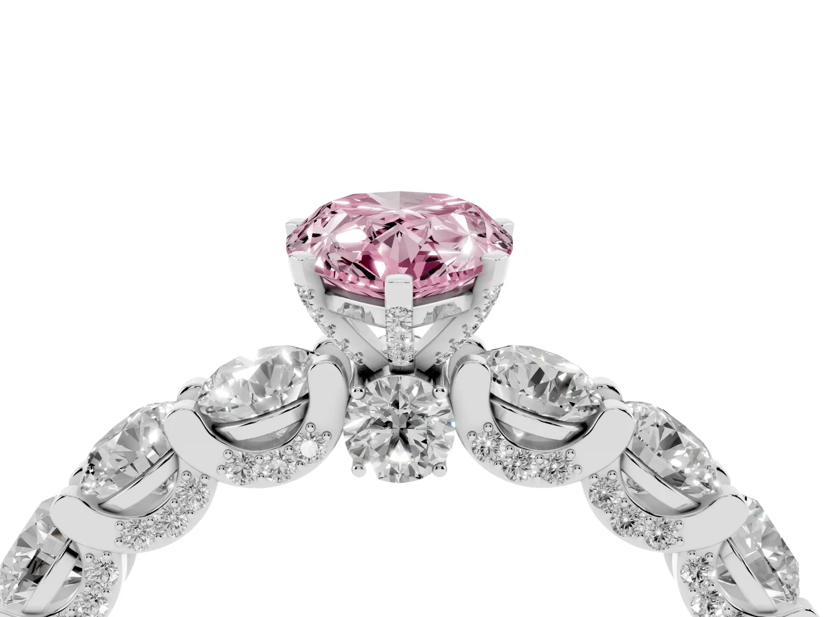 Fancy Pink Pear Cut Diamond Side Stone Engagement Ring with Four-Prong Setting Platinum