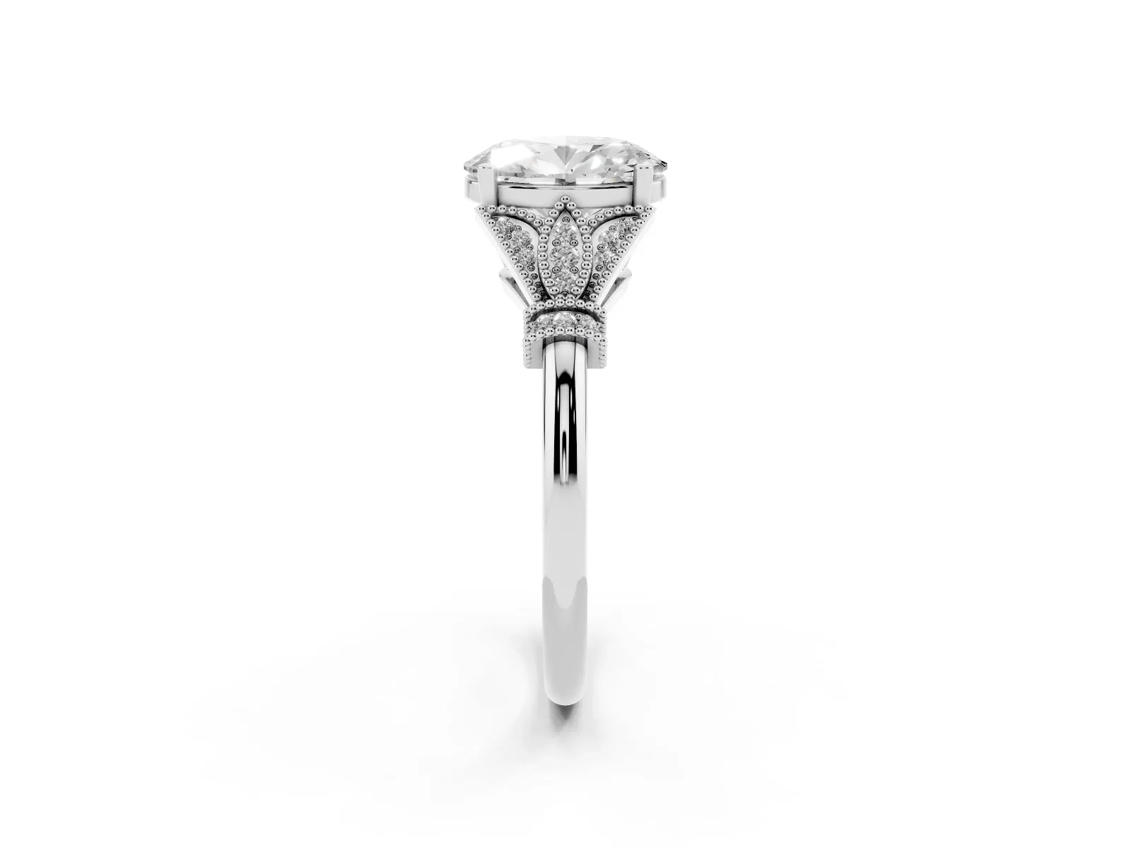 Oval Cut Diamond Solitaire Ring with Floral Filigree and Pave Accents White gold