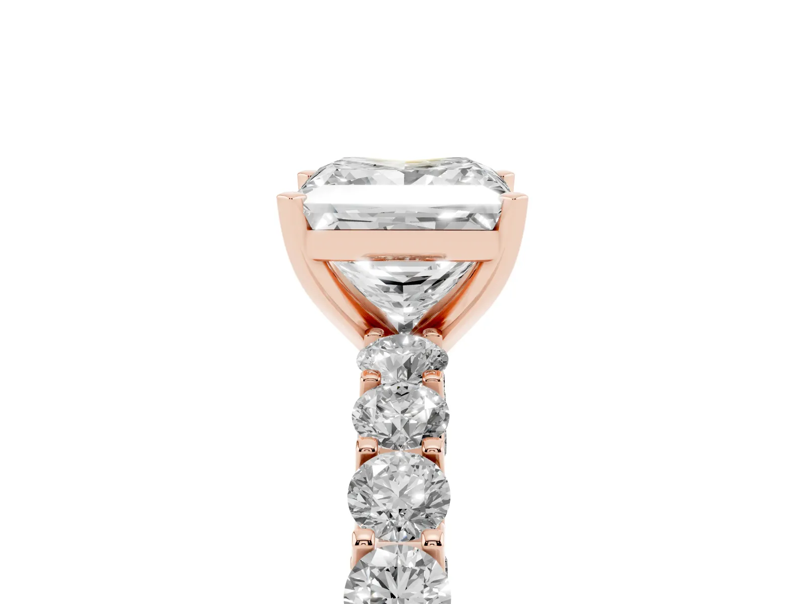 Princess Cut Diamond Solitaire Ring with Shared Prong Pavé Band and Four-Prong Setting Rose gold