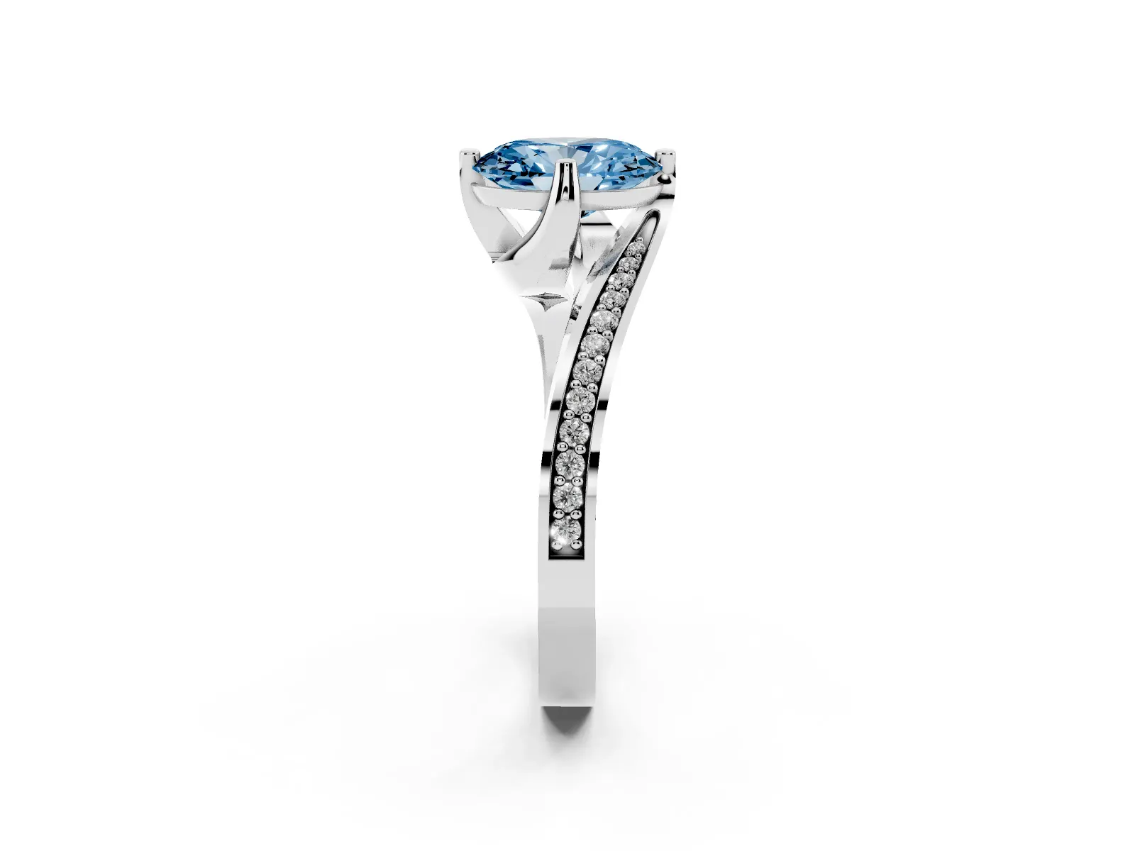 Fancy Blue Oval Cut Solitaire Diamond Twist Band with Pavé Setting and Four-Prong Setting Platinum