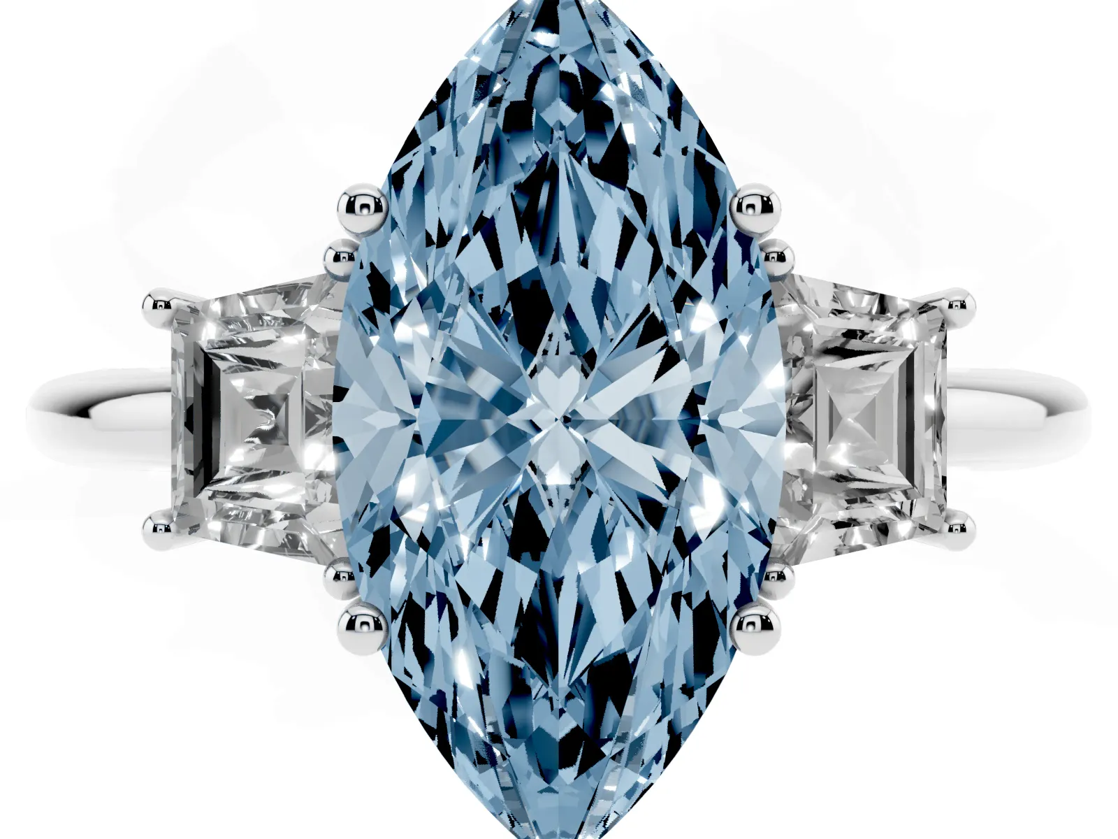 Fancy Blue Marquise Cut Diamond Three-Stone Ring with Trapezoid Side Stones and Prong Setting Platinum