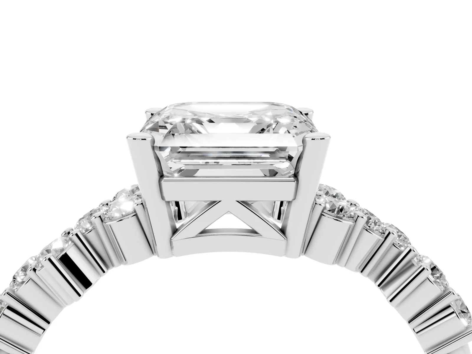 Asscher Cut Diamond Scattered Round Accent Ring with Prong Setting Silver