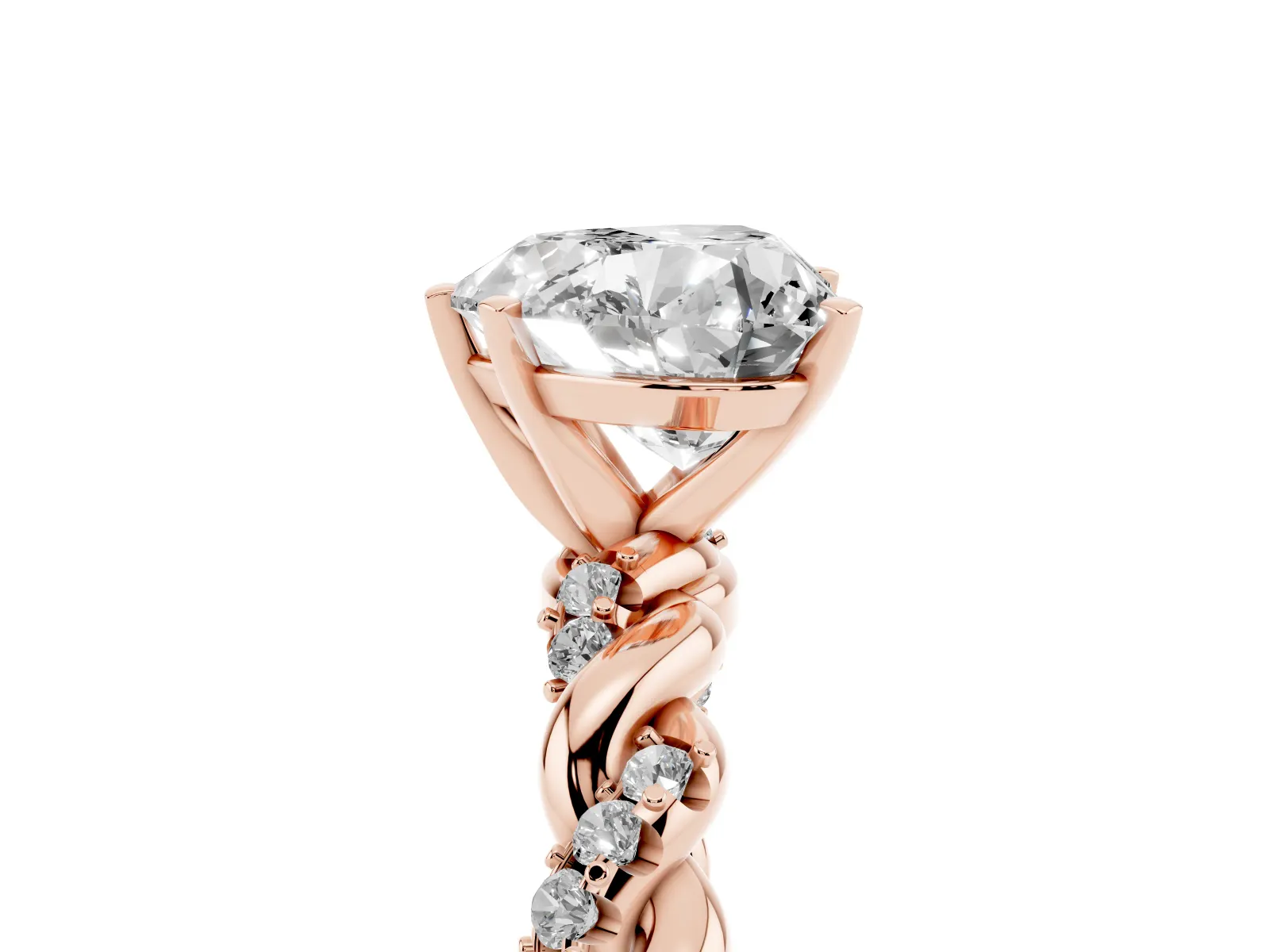 Heart Cut Diamond Solitaire Ring with Twisted Band and Pavé Accents Rose gold