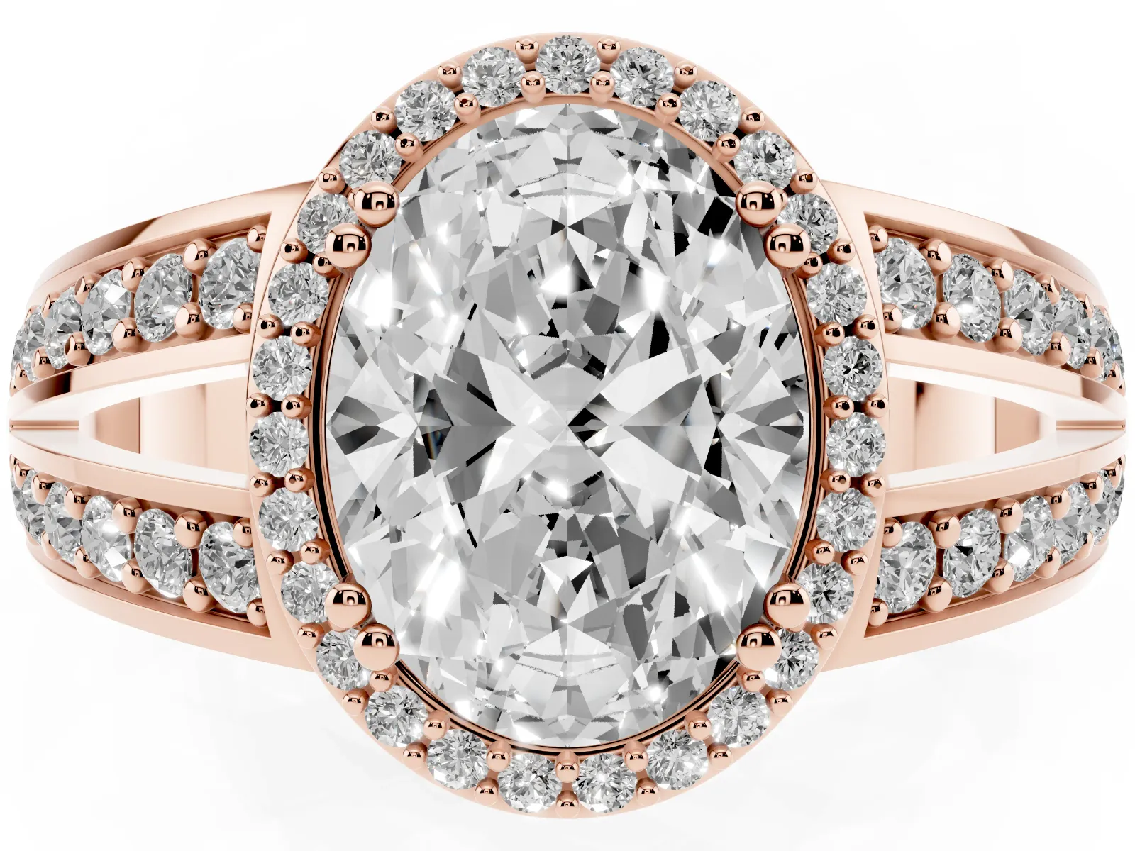 Oval Cut Diamond Halo Ring with Split Shank Pavé Band and Four-Prong Setting Rose gold