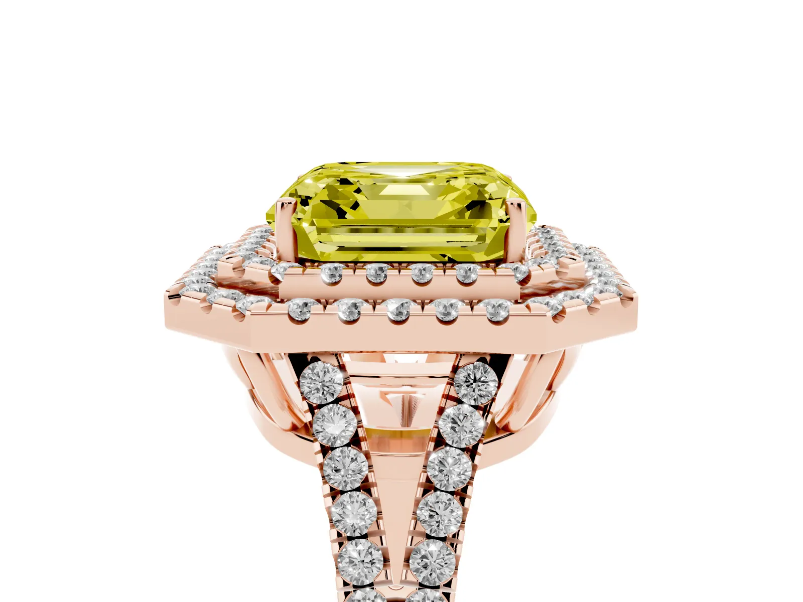 Fancy Yellow Asscher Cut Diamond Double Halo Ring with Pavé Band and Prong Setting Rose gold