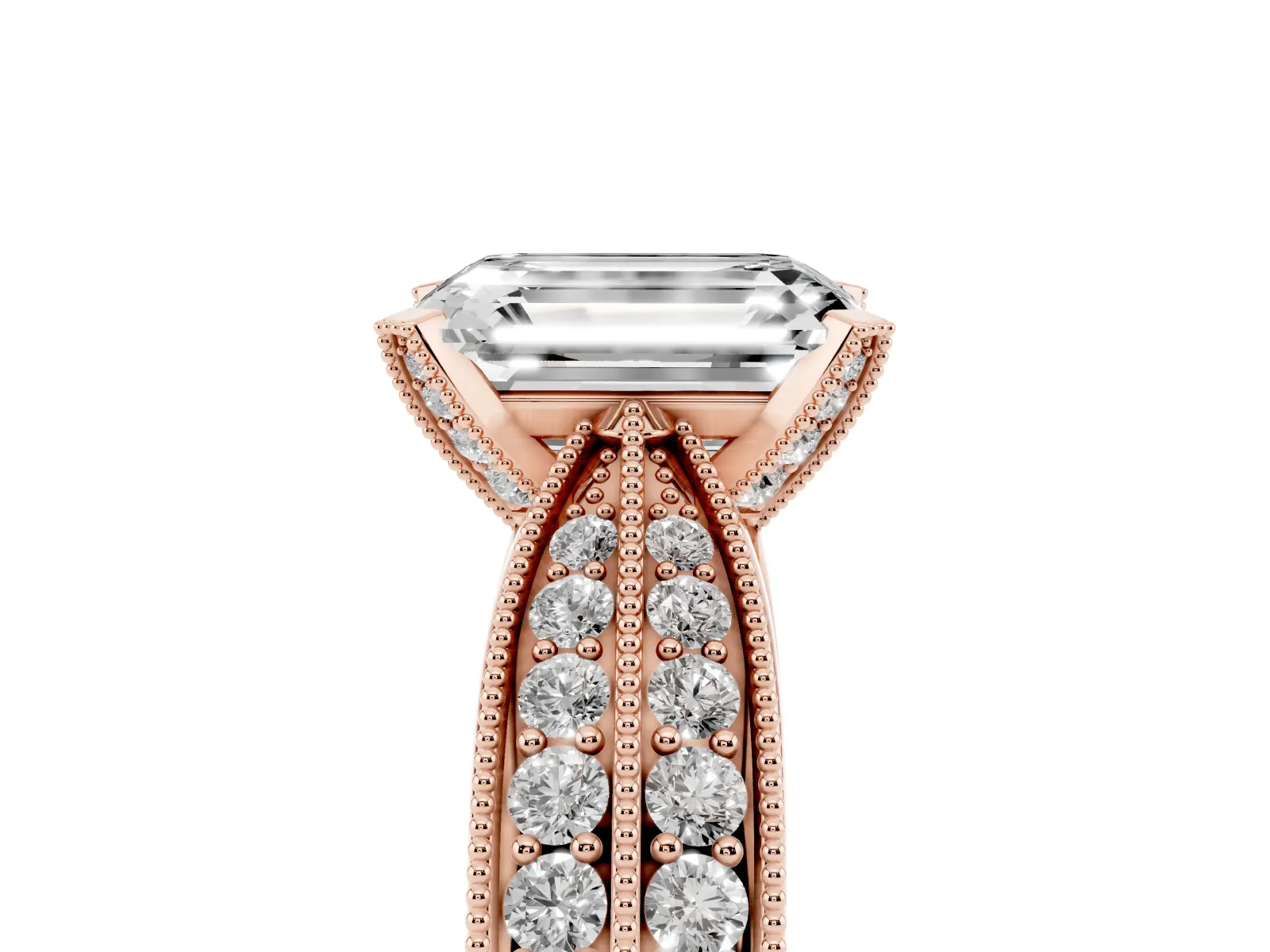 Emerald Cut Diamond Solitaire Ring with Milgrain Round Pavé Band and Prong Setting Rose gold