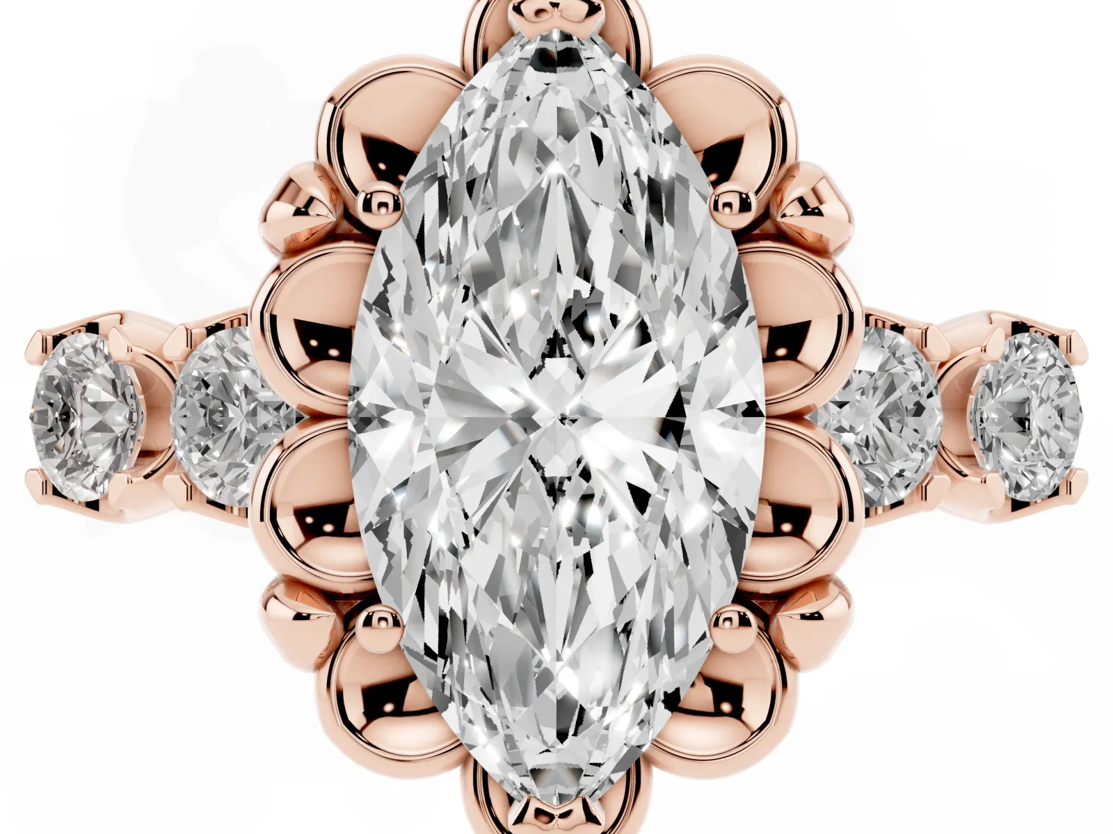Marquise Cut Cut Diamond Floral Halo Engagement Ring with Shared Prong Setting Rose gold