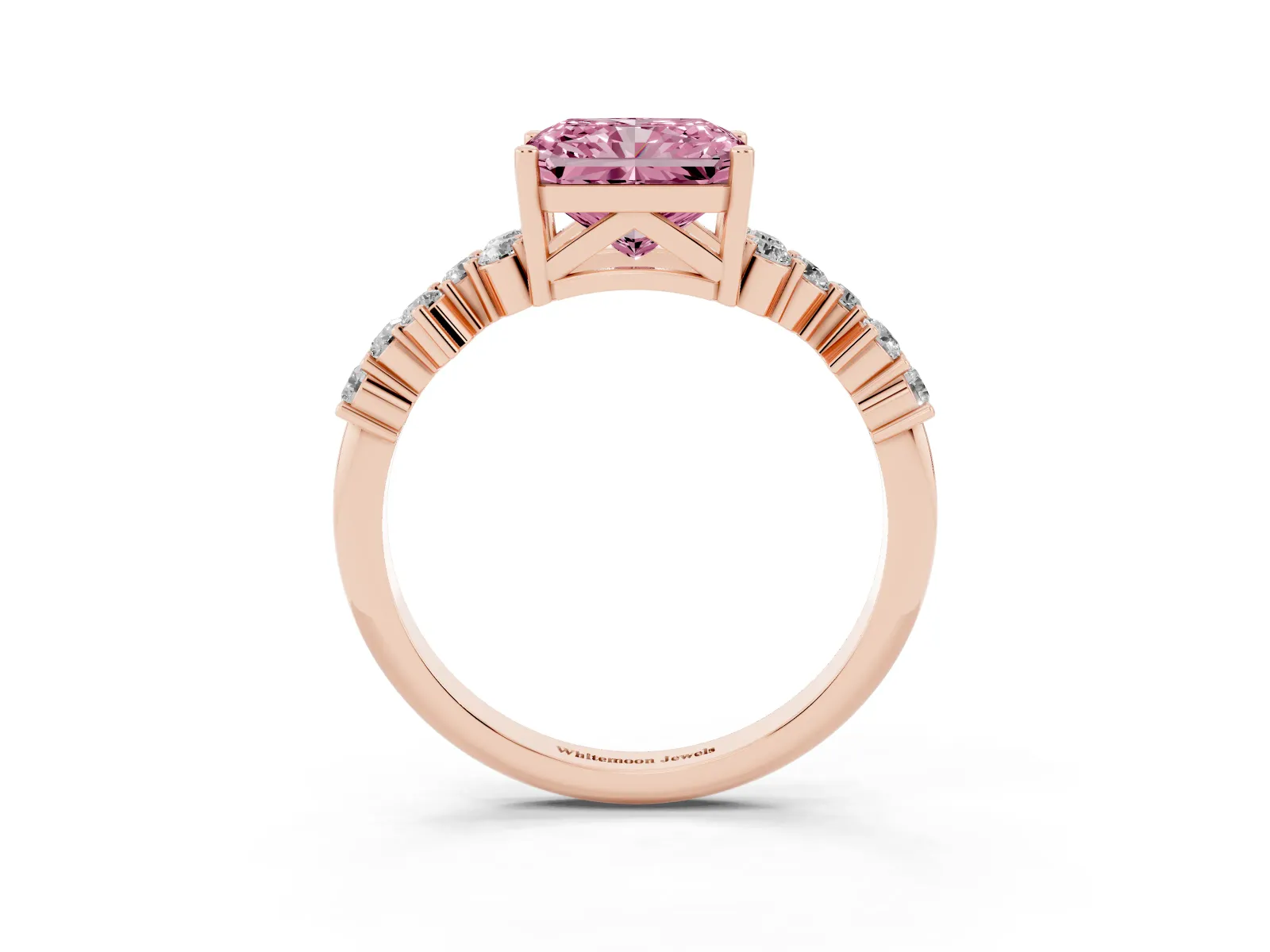 Fancy Pink Radiant Cut Diamond Scattered Round Accent Ring with Prong Setting Rose gold