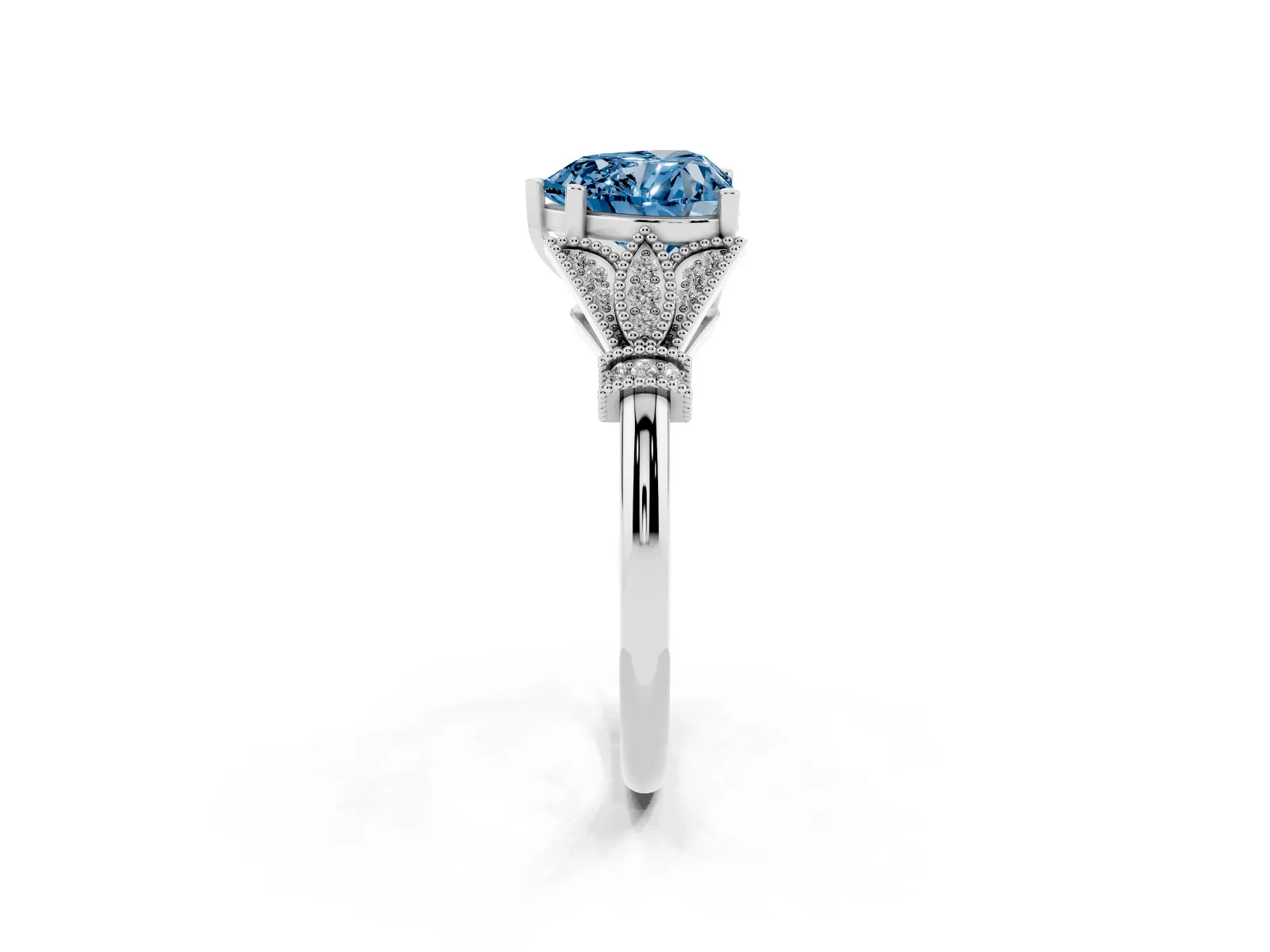 Fancy Blue Heart Cut Diamond Solitaire Ring with Floral Filigree and Pave Accents Platinum