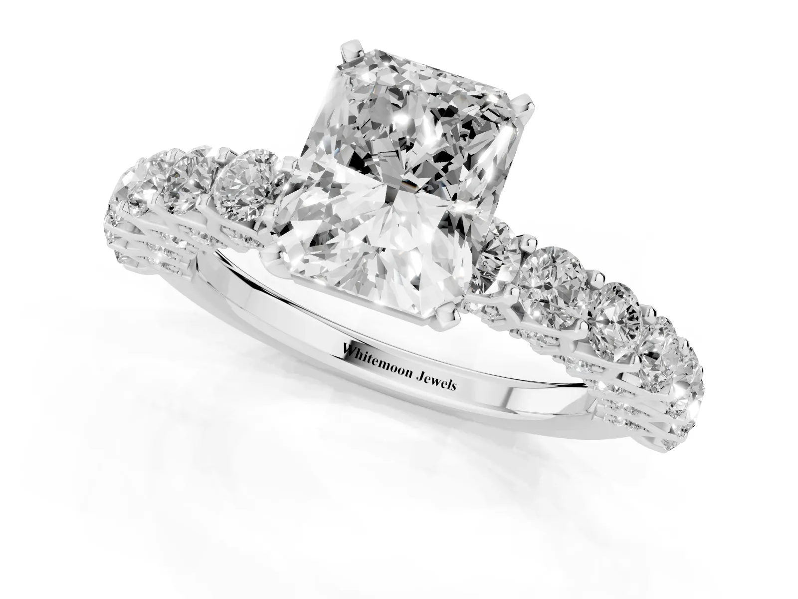 Radiant Cut Diamond Solitaire Ring with Shared Prong Pavé Band and Four-Prong Setting Platinum