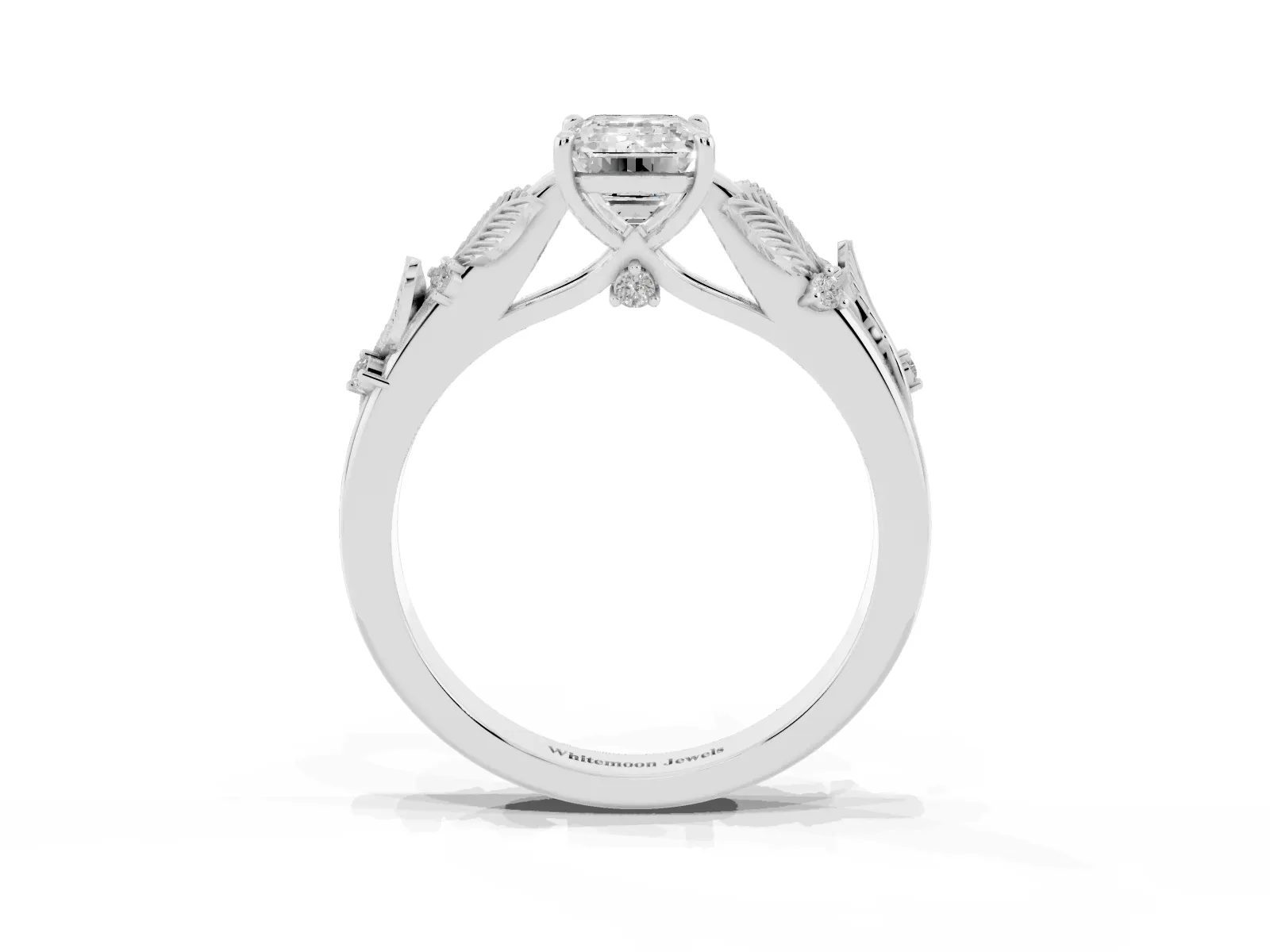 Emerald Cut Diamond Solitaire Ring with Leaf Motif Band and Four-Prong Setting Platinum