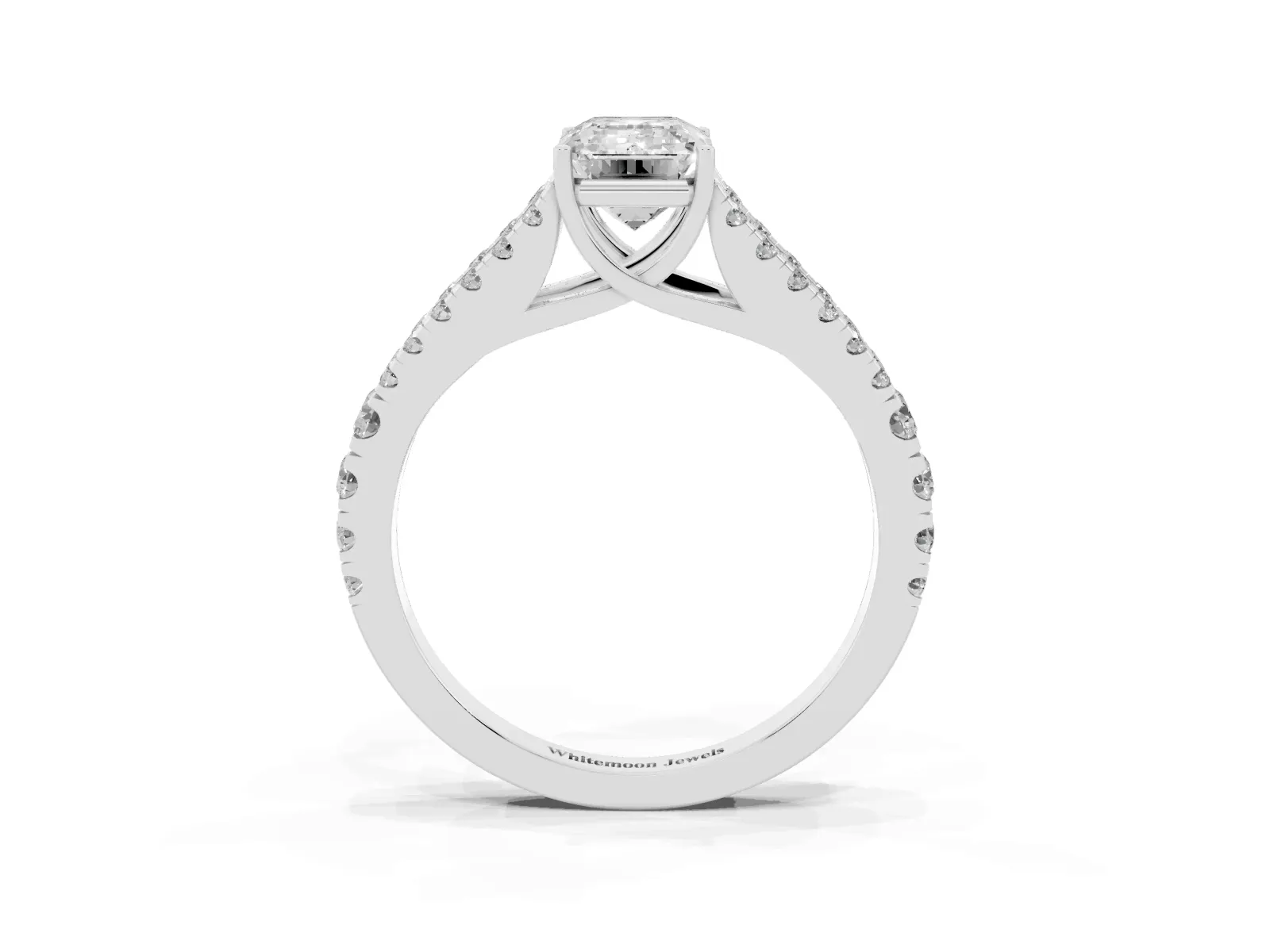 Emerald Cut Diamond Split Shank Engagement Ring with Round Pavé and Prong Setting White gold