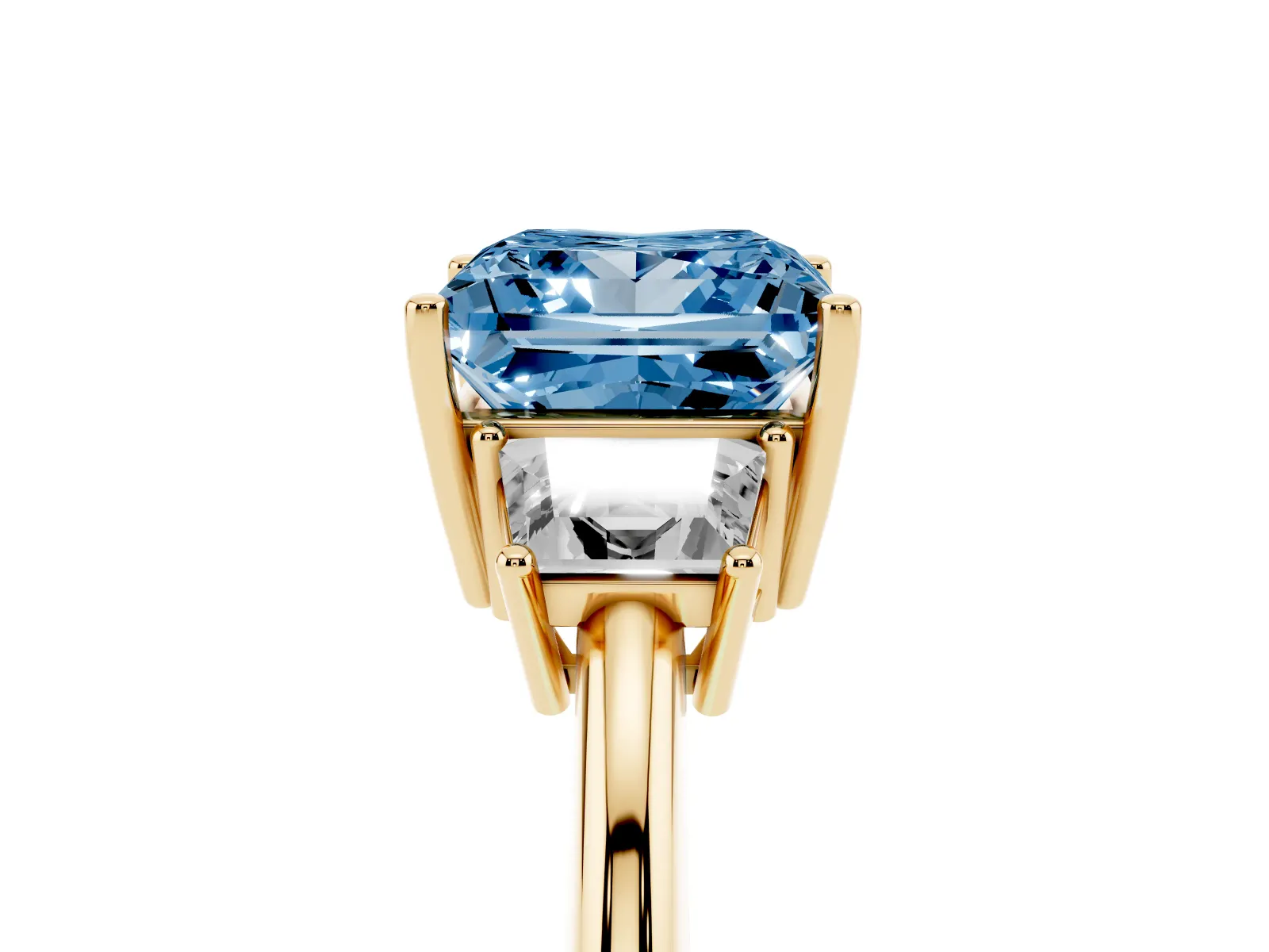 Fancy Blue Princess Cut Diamond Three-Stone Ring with Trapezoid Side Stones and Prong Setting Yellow gold