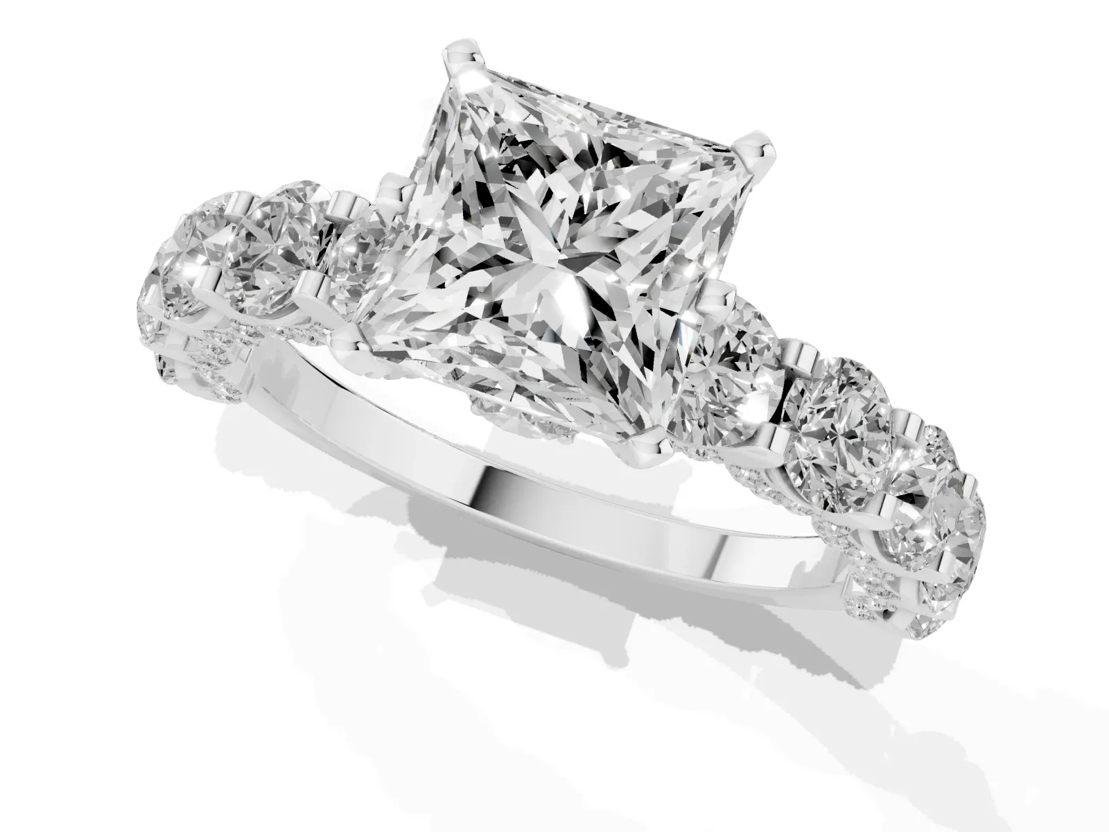 Princess Cut Diamond Side Stone Engagement Ring with Four-Prong Setting Platinum