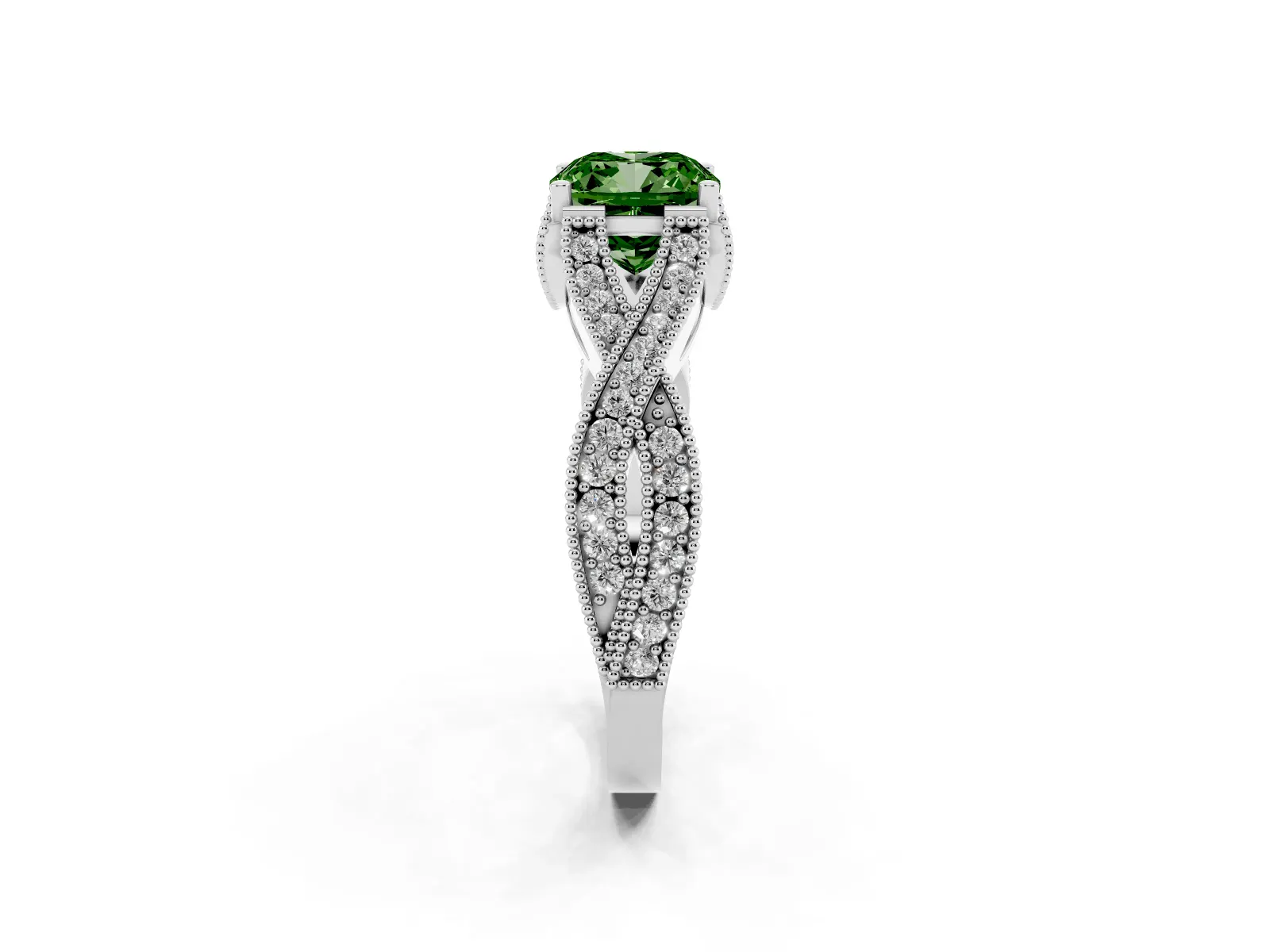 Fancy Green Cushion Cut Cut Diamond Twisted Band with Milgrain Pave Setting and Four-Prong Setting Platinum