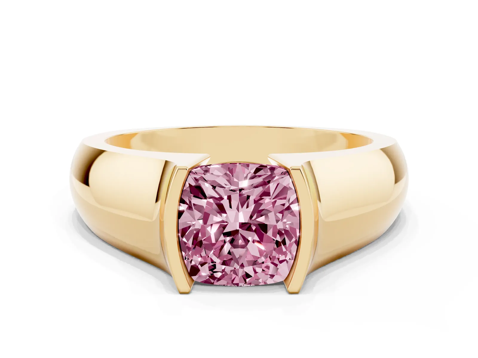 Fancy Pink Cushion Cut Solitaire Bezel Set Diamond Ring with Wide Band Yellow gold