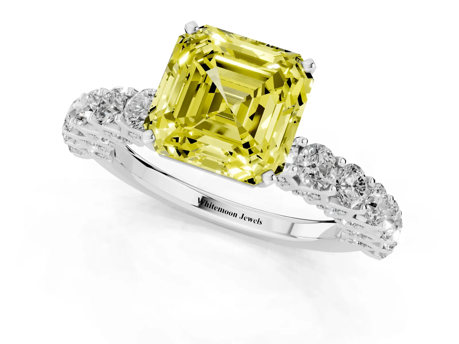 Fancy Yellow Asscher Cut Diamond Solitaire Ring with Shared Prong Pavé Band and Four-Prong Setting White gold