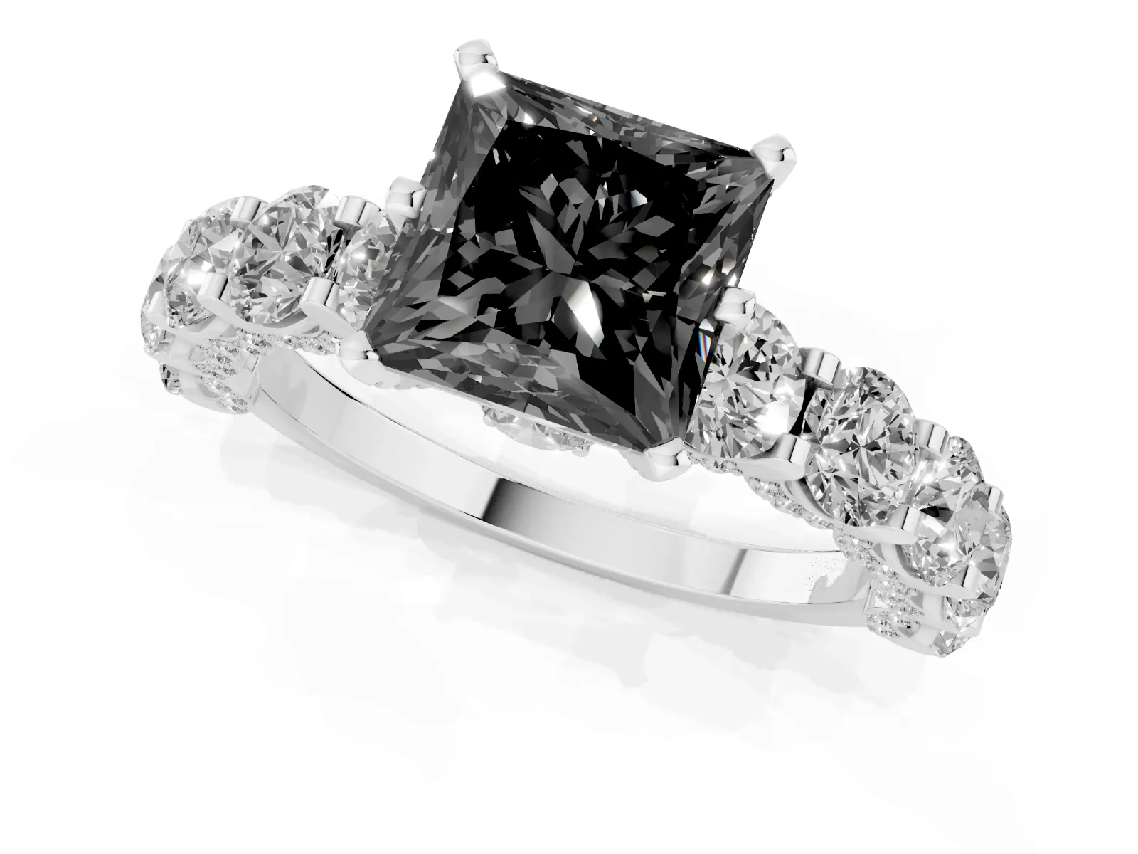 Fancy Black Princess Cut Diamond Side Stone Engagement Ring with Four-Prong Setting Platinum