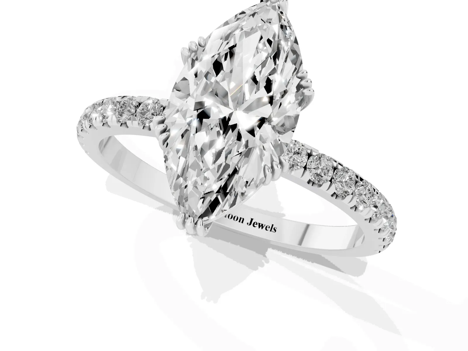 Marquise Cut Brilliant Solitaire with Pavé Band and Claw Prong Setting Silver