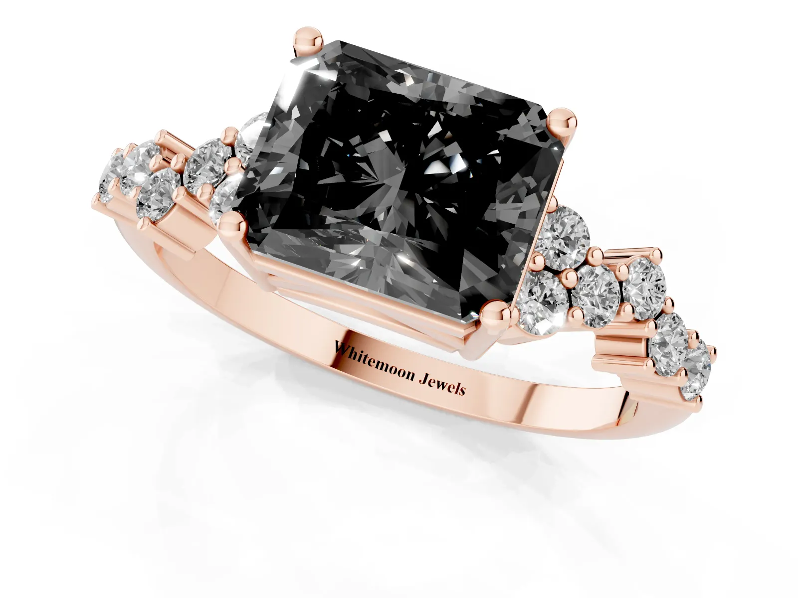 Fancy Black Radiant Cut Diamond Scattered Round Accent Ring with Prong Setting Rose gold