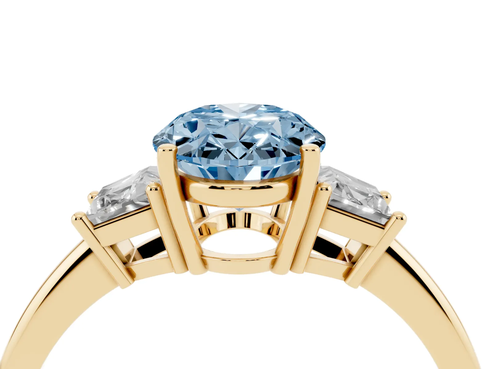 Fancy Blue Oval Cut Diamond Three-Stone Ring with Trapezoid Side Stones and Prong Setting Yellow gold