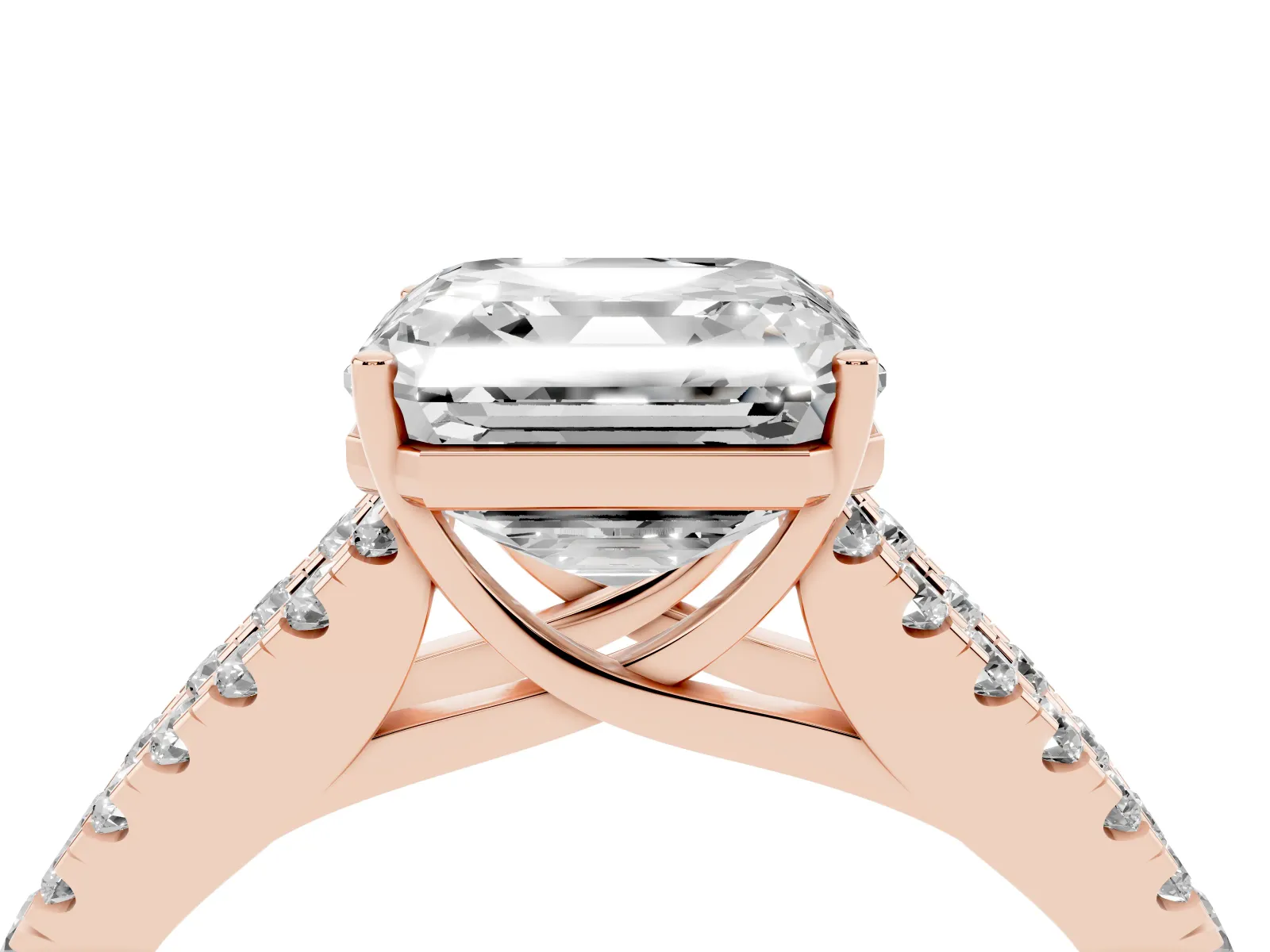 Asscher Cut Diamond Split Shank Engagement Ring with Round Pavé and Prong Setting Rose gold
