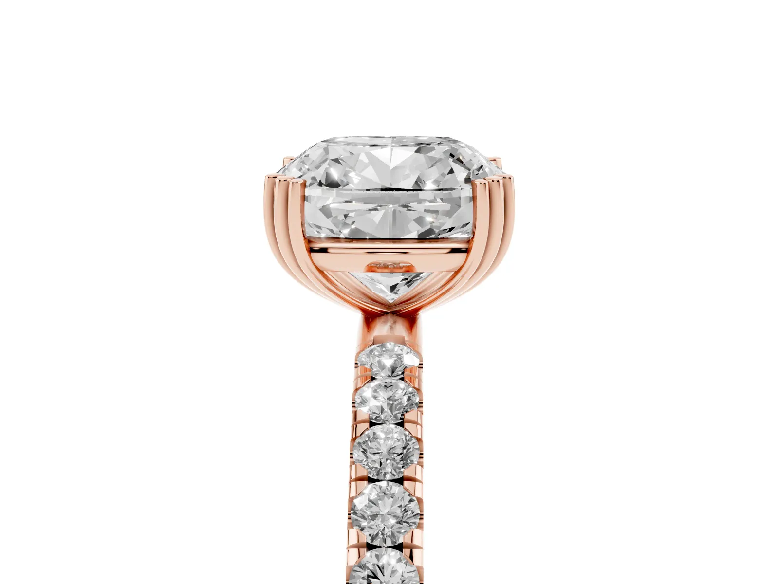 Cushion Cut Brilliant Solitaire with Pavé Band and Claw Prong Setting Rose gold