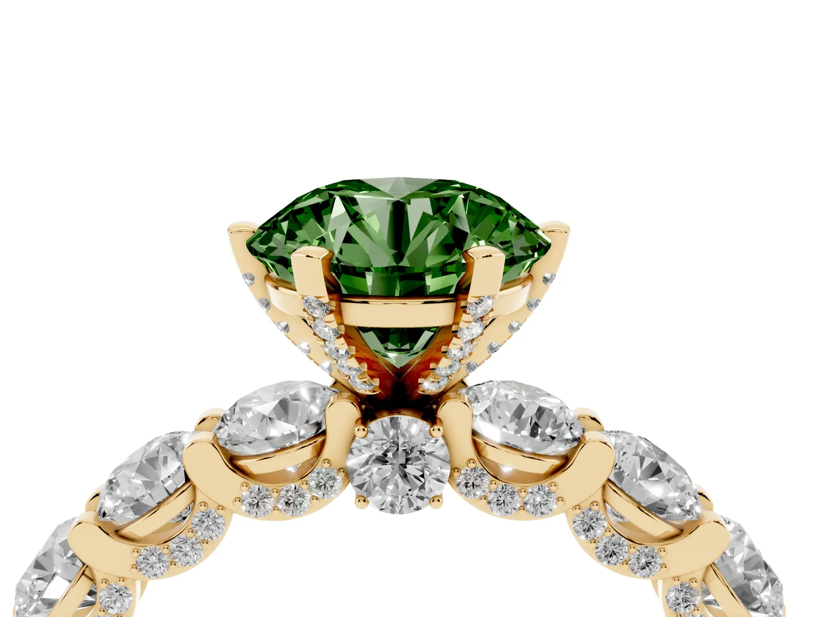 Fancy Green Round Cut Diamond Side Stone Engagement Ring with Four-Prong Setting Yellow gold