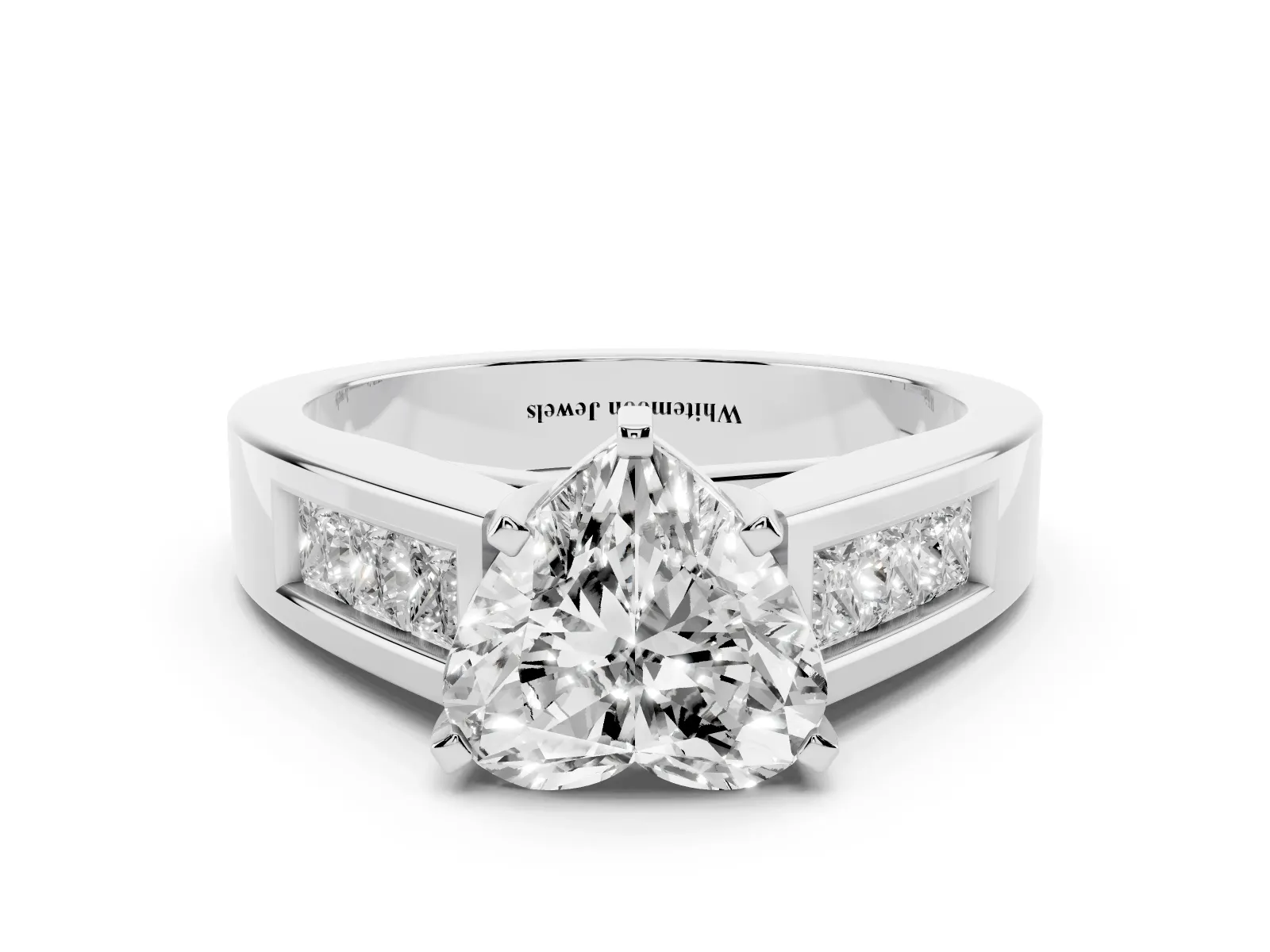 Heart Cut Cut Channel Set Solitaire Ring with Four-Prong Setting White gold
