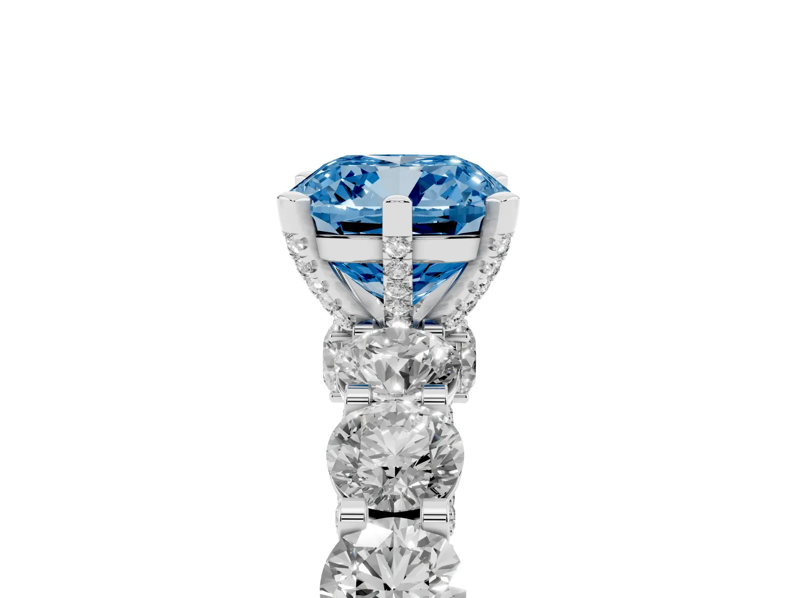 Fancy Blue Cushion Cut Diamond Side Stone Engagement Ring with Four-Prong Setting Platinum