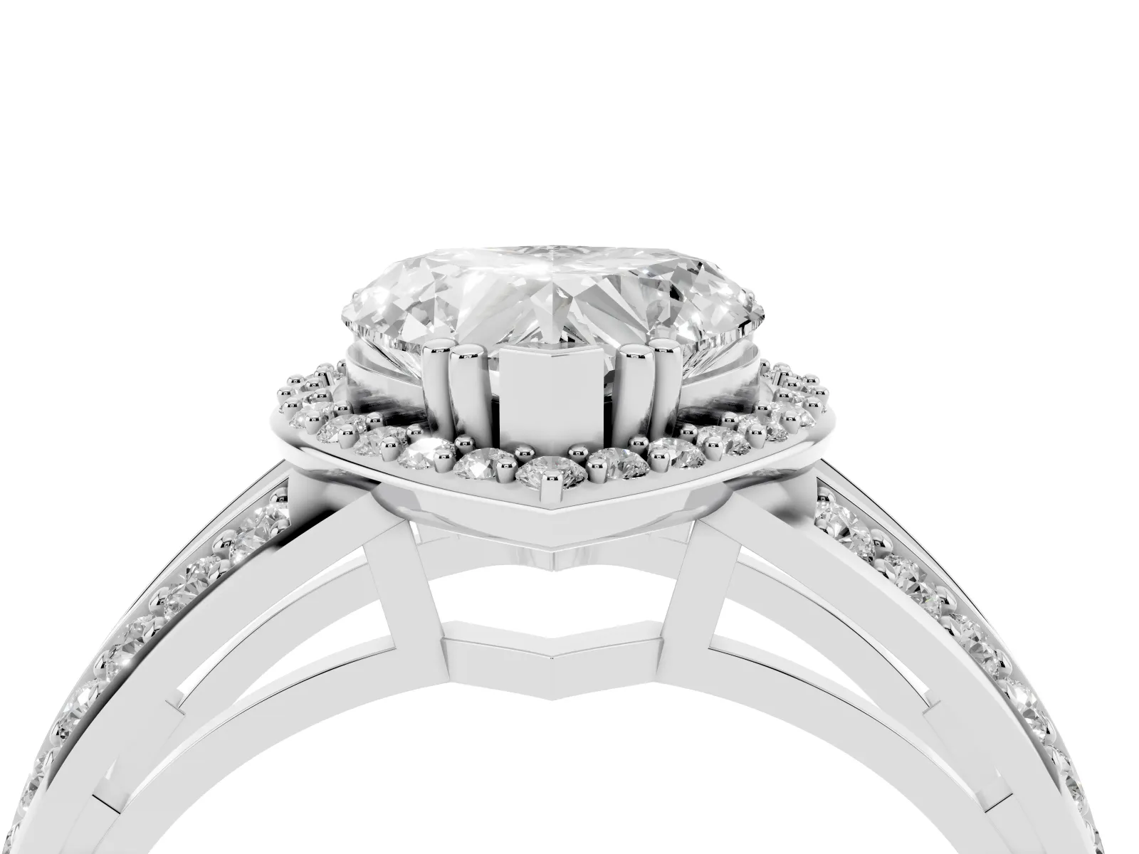 Heart Cut Diamond Halo Ring with Split Shank Pavé Band and Four-Prong Setting Platinum