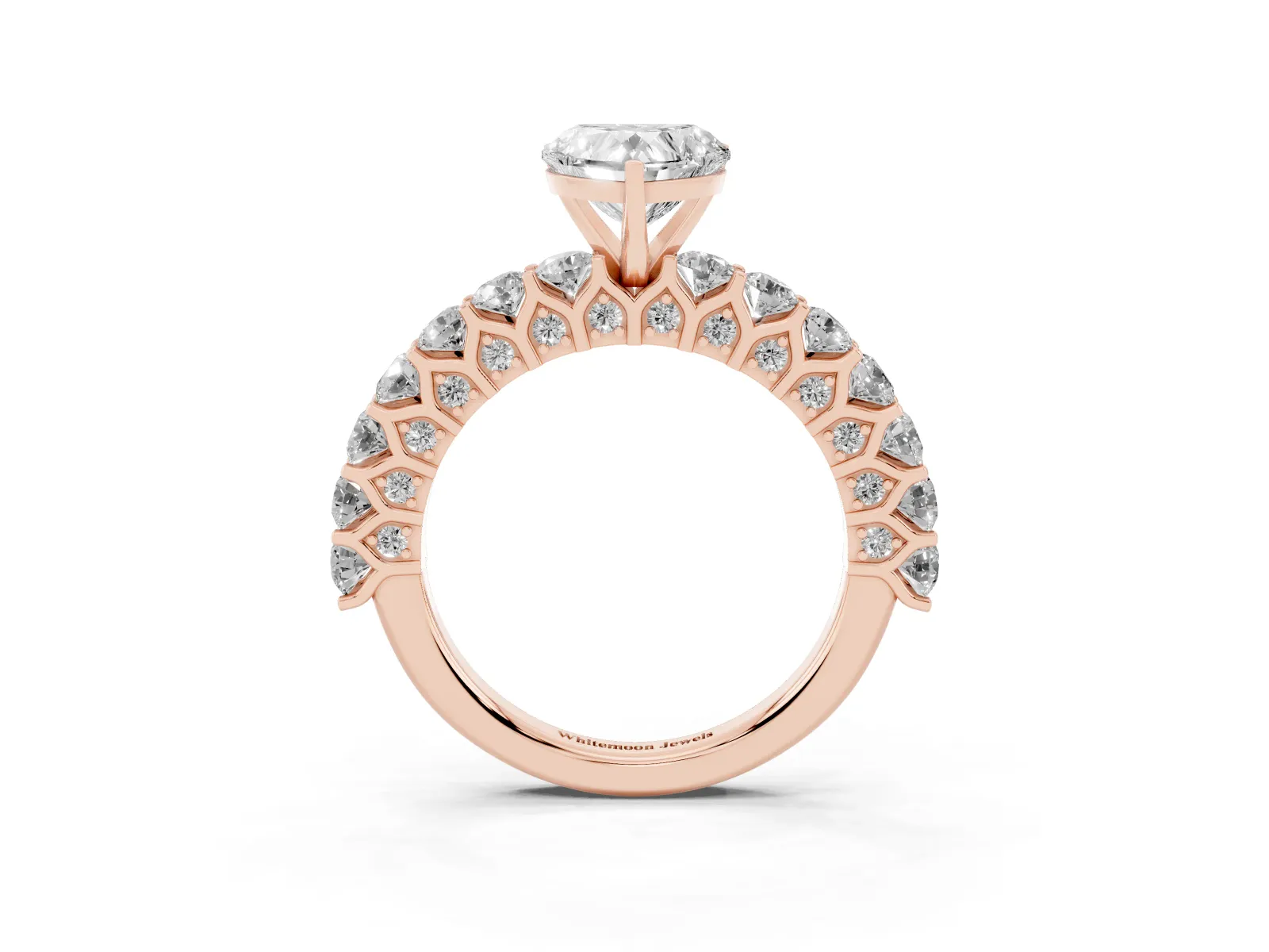 Heart Cut Diamond Solitaire Ring with Shared Prong Pavé Band and Four-Prong Setting Rose gold
