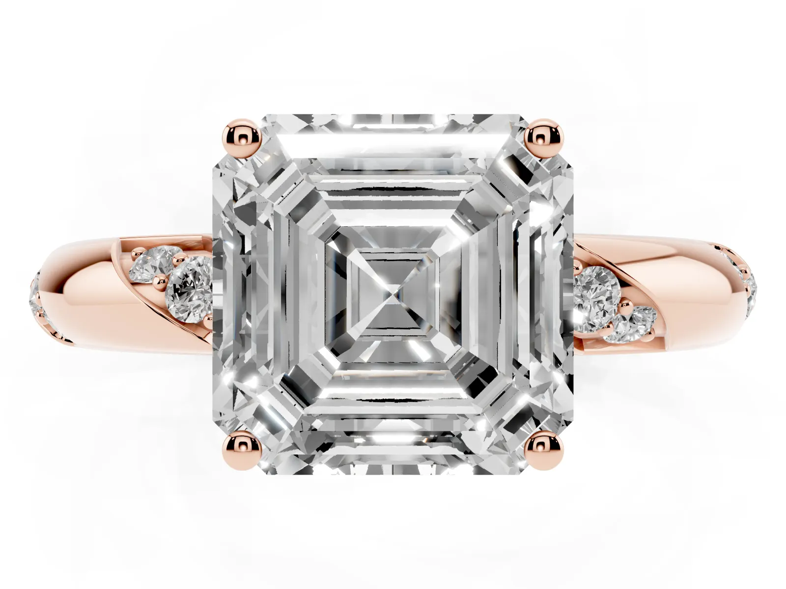 Asscher Cut Diamond Solitaire Engagement Ring with Twisted Round Accent Band and Prong Setting Rose gold