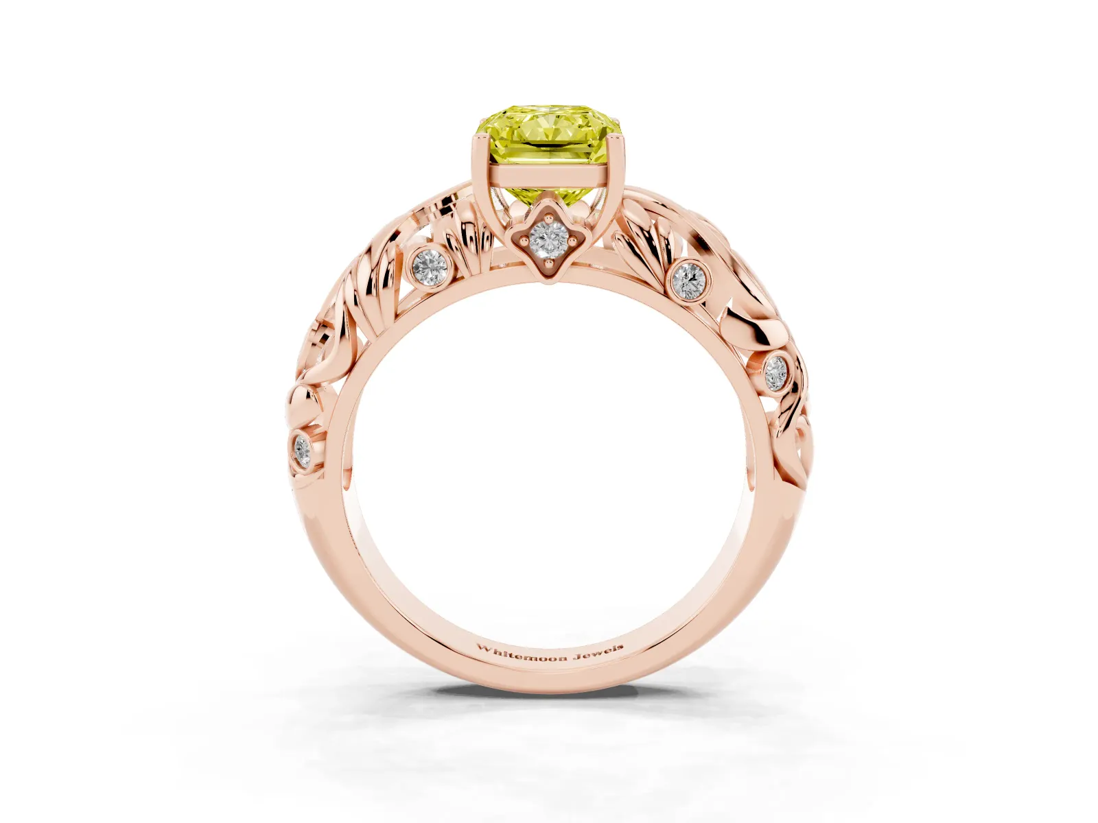 Fancy Yellow Radiant Cut Solitaire Diamond Leaf-Inspired Vine Band Ring with Prong Setting Rose gold