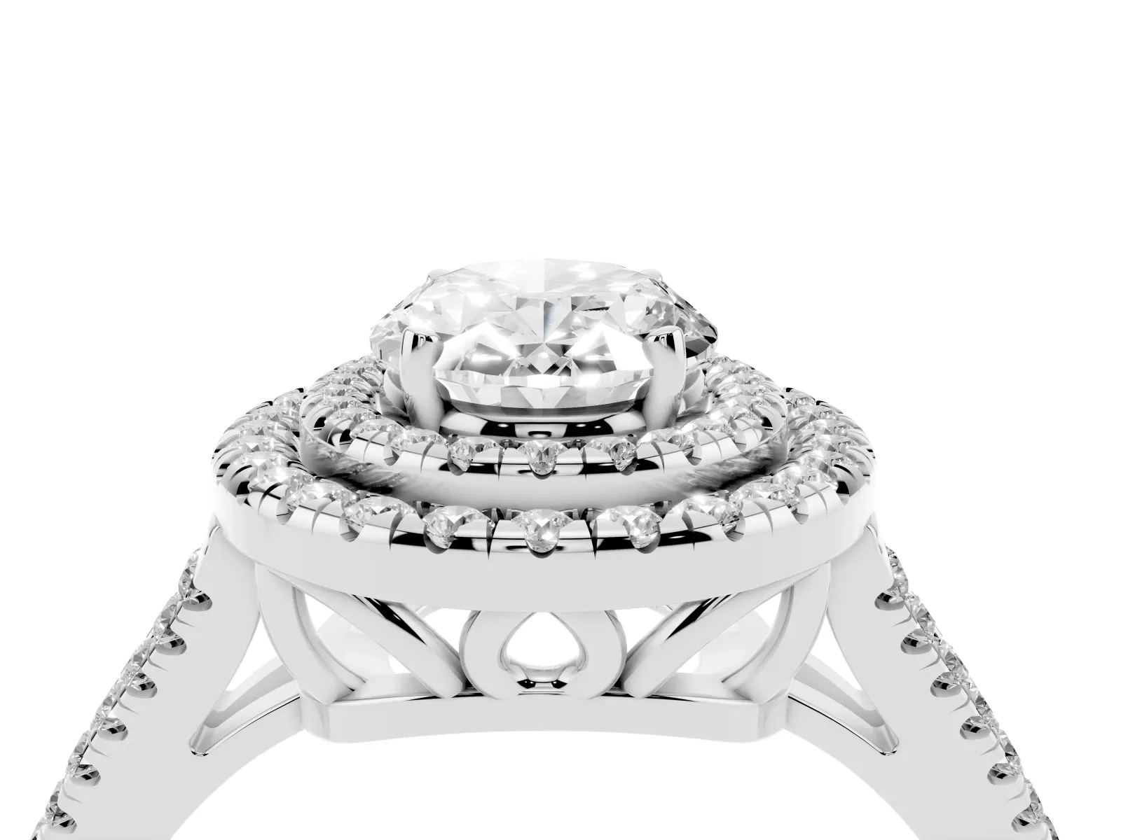 Oval Cut Diamond Double Halo Ring with Pavé Band and Prong Setting Platinum