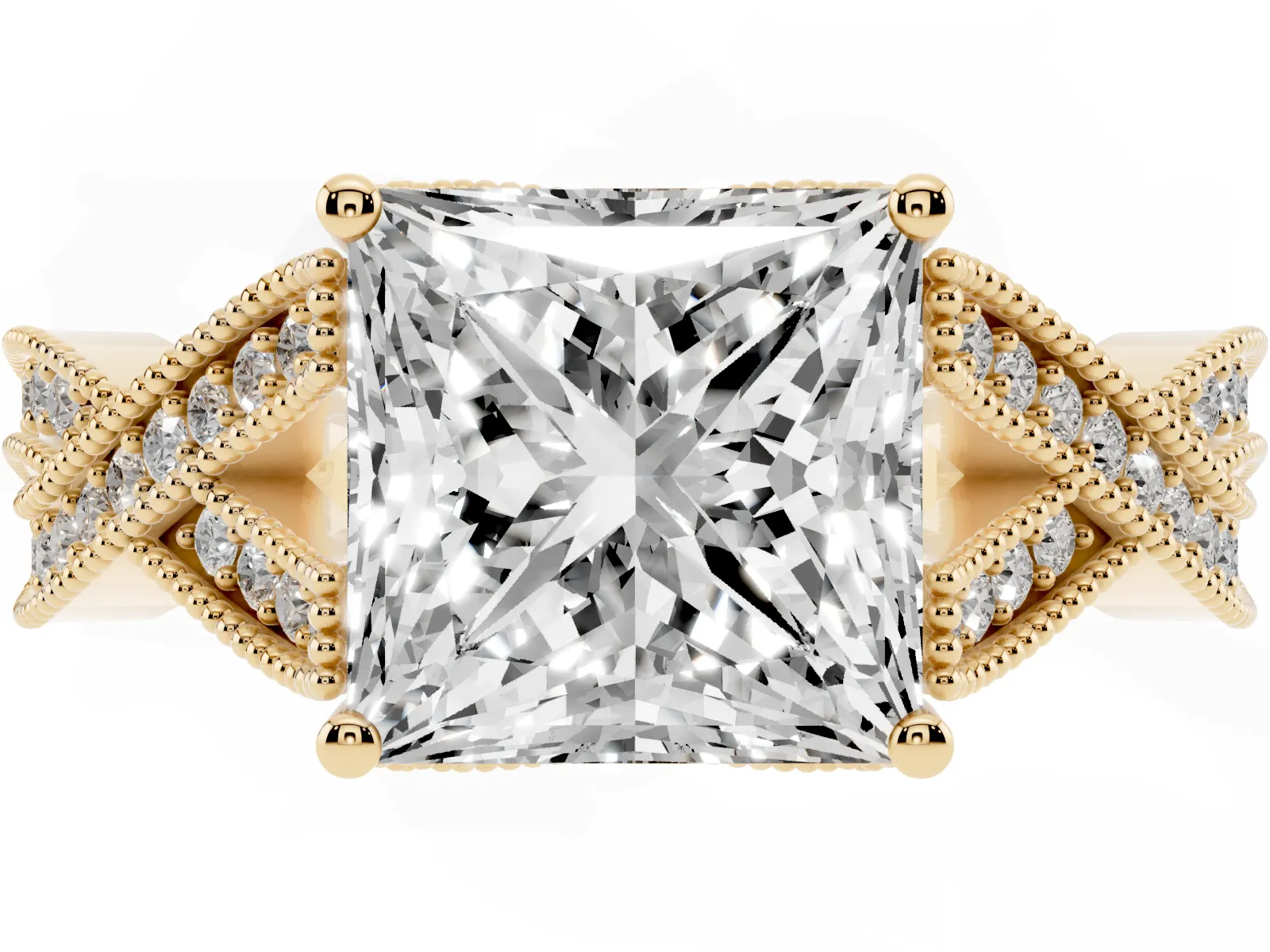 Princess Cut Cut Diamond Twisted Band with Milgrain Pave Setting and Four-Prong Setting Yellow gold