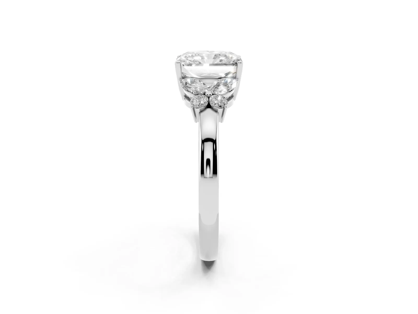 Radiant Cut Cut Solitaire Floral Diamond Ring with Four-Prong Setting Platinum