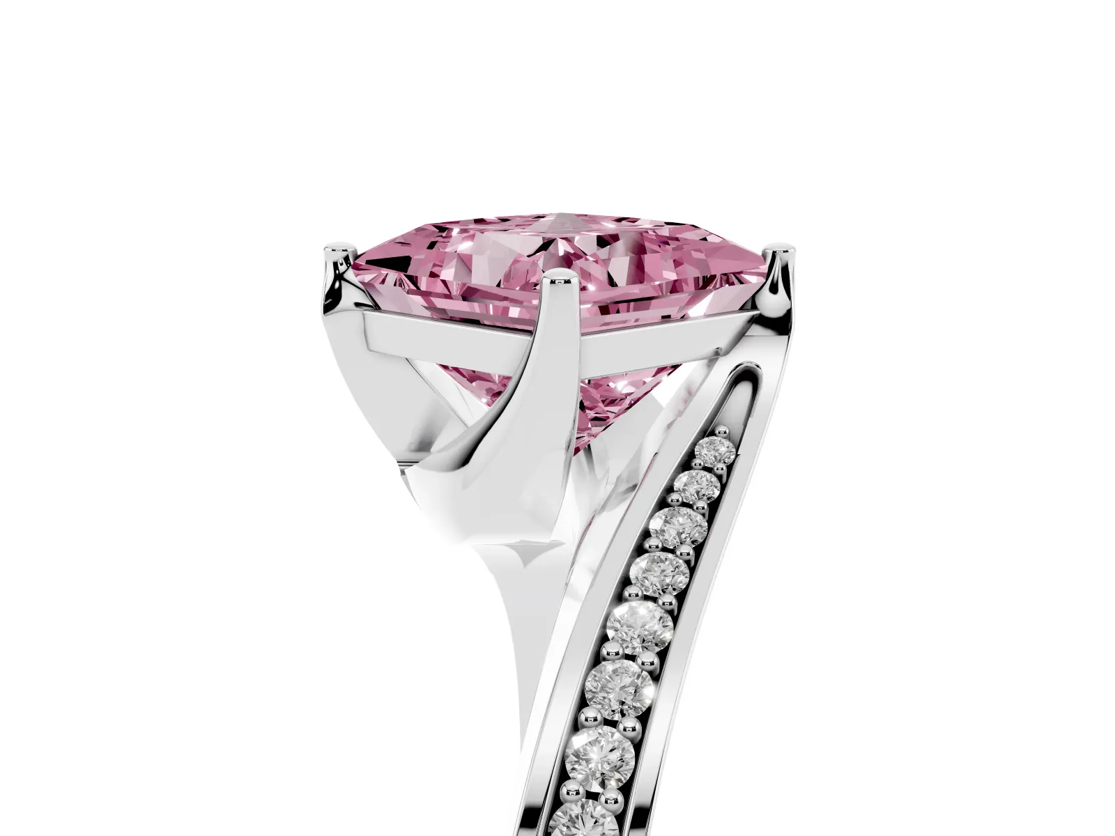 Fancy Pink Princess Cut Solitaire Diamond Twist Band with Pavé Setting and Four-Prong Setting Platinum