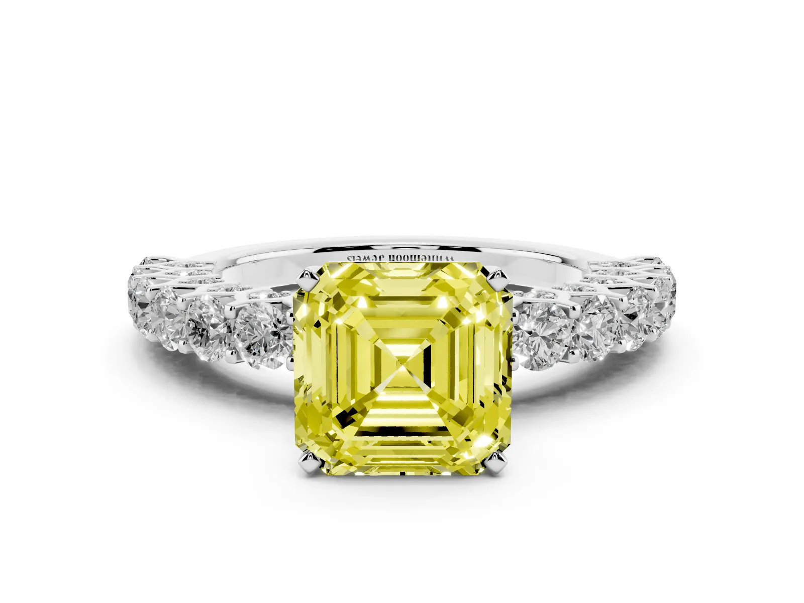 Fancy Yellow Asscher Cut Diamond Solitaire Ring with Shared Prong Pavé Band and Four-Prong Setting White gold