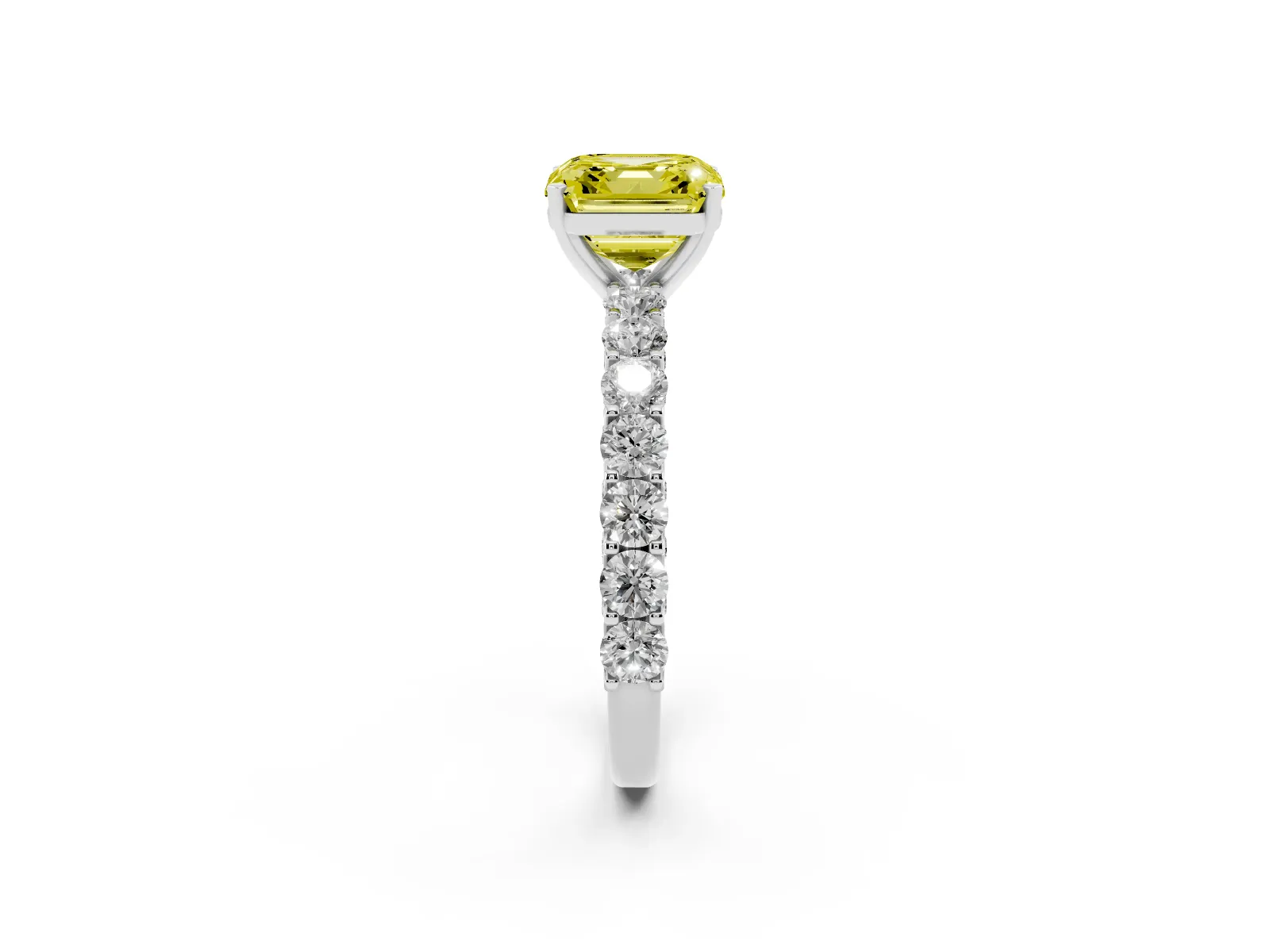 Fancy Yellow Asscher Cut Diamond Solitaire Ring with Shared Prong Pavé Band and Four-Prong Setting White gold