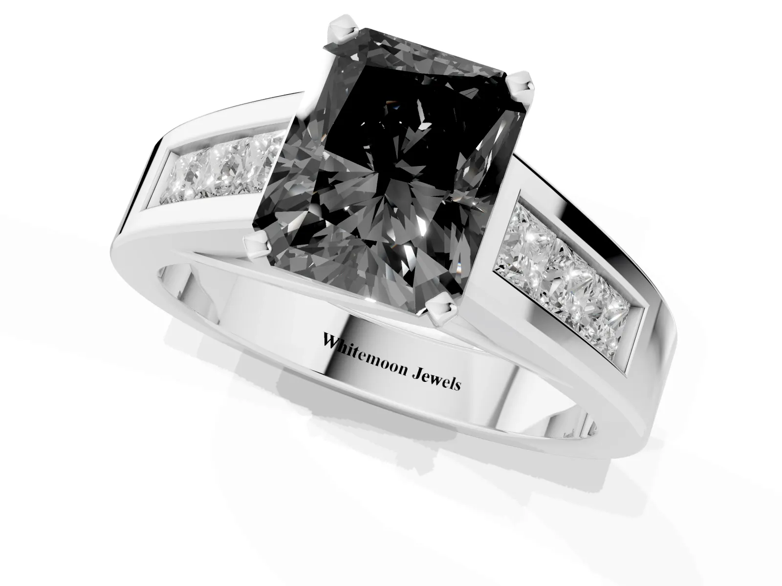 Fancy Black Radiant Cut Cut Channel Set Solitaire Ring with Four-Prong Setting Platinum
