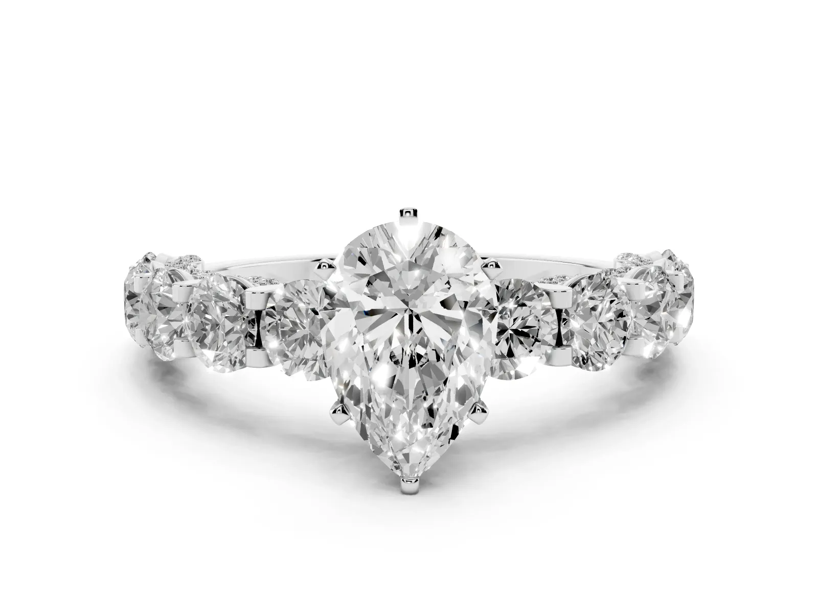 Pear Cut Diamond Side Stone Engagement Ring with Four-Prong Setting Silver