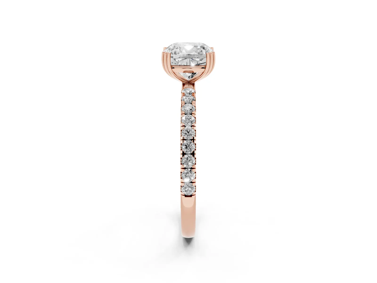 Cushion Cut Brilliant Solitaire with Pavé Band and Claw Prong Setting Rose gold