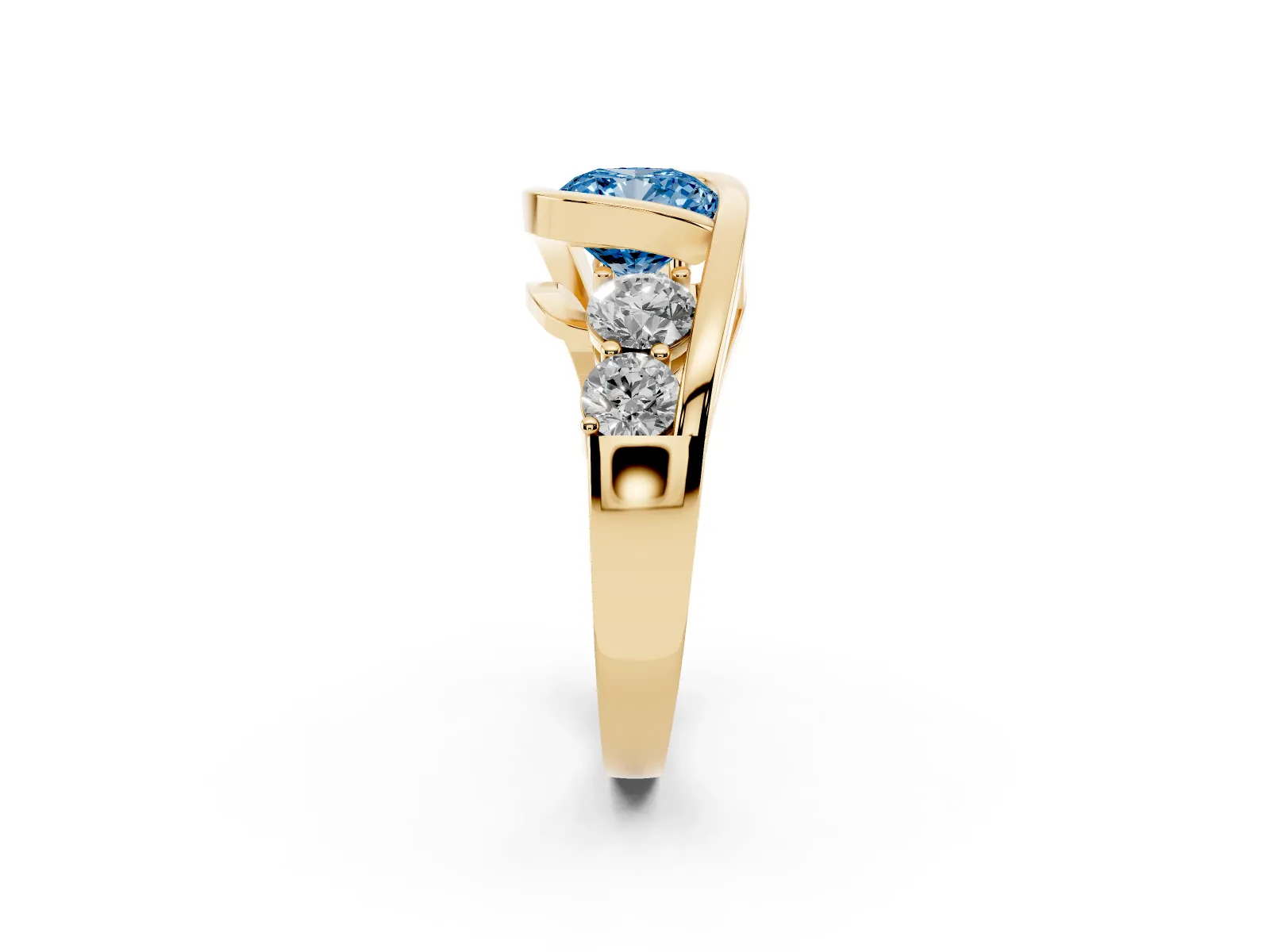 Fancy Blue Bezel Set Cushion Cut Diamond Bypass Ring with Round Accents Yellow gold