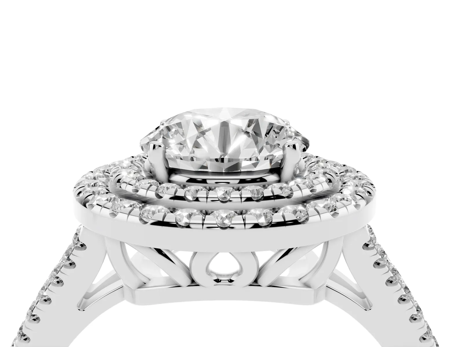Round Cut Diamond Double Halo Ring with Pavé Band and Prong Setting Platinum